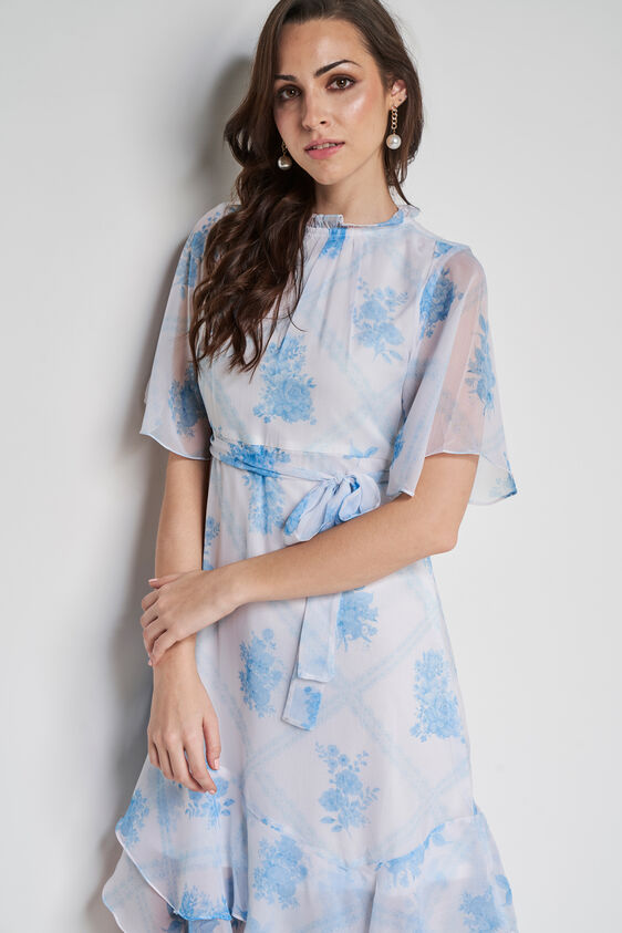 White and Blue Floral Asymmetric Dress, White, image 2