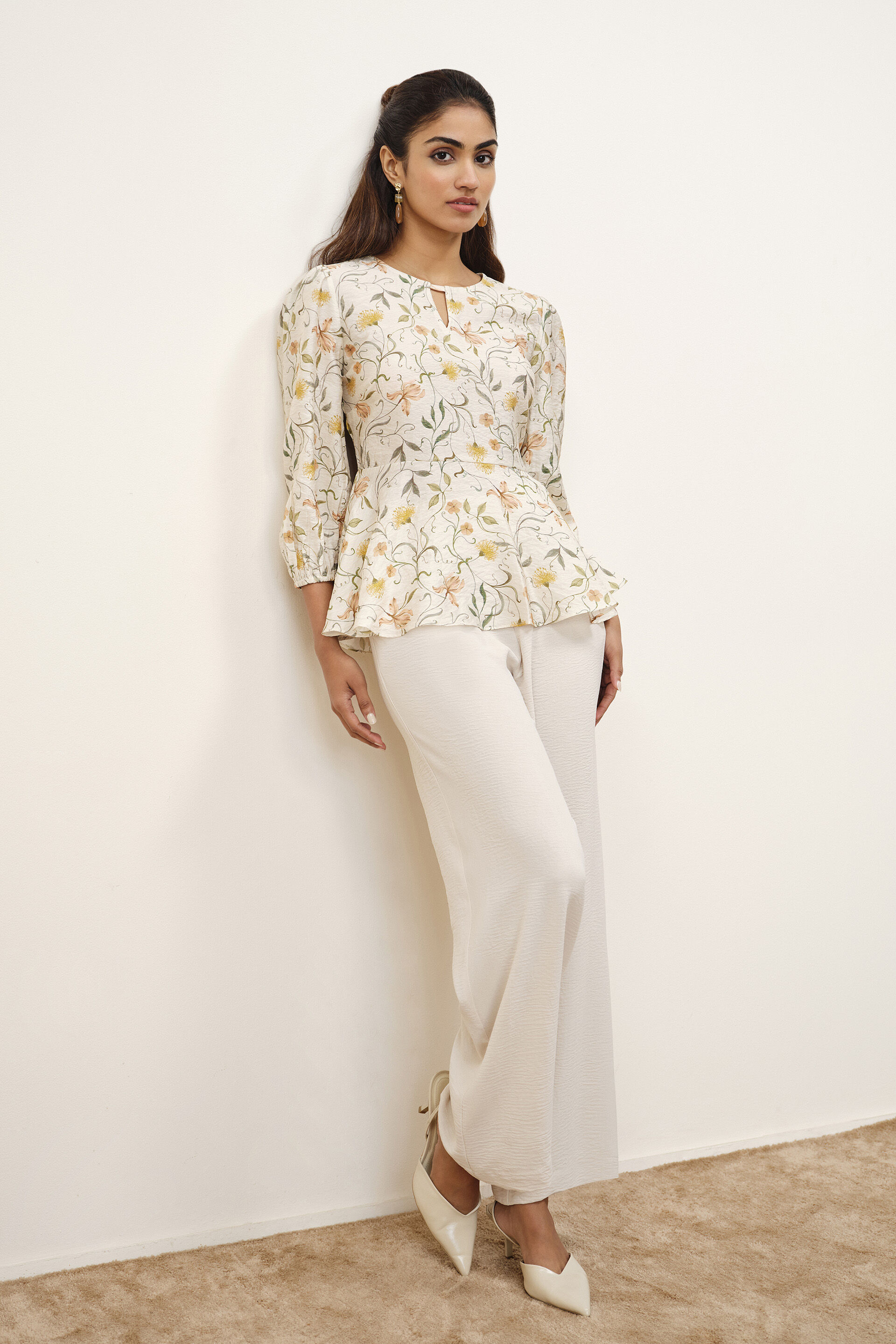 Alyson Printed Peplum Top, Green, image 2