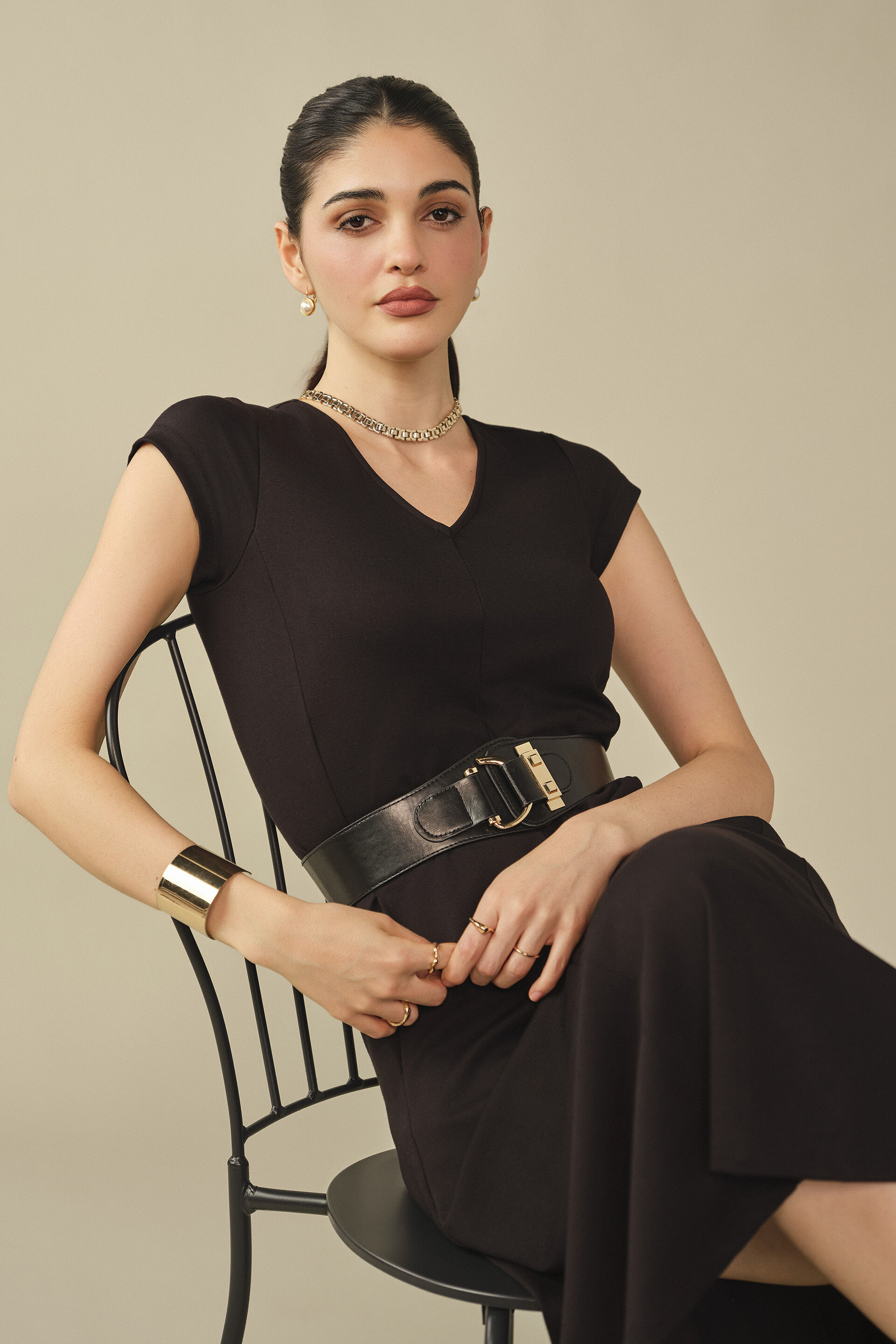 Solid Fit & Flare Midi Dress in Black, Black, image 3