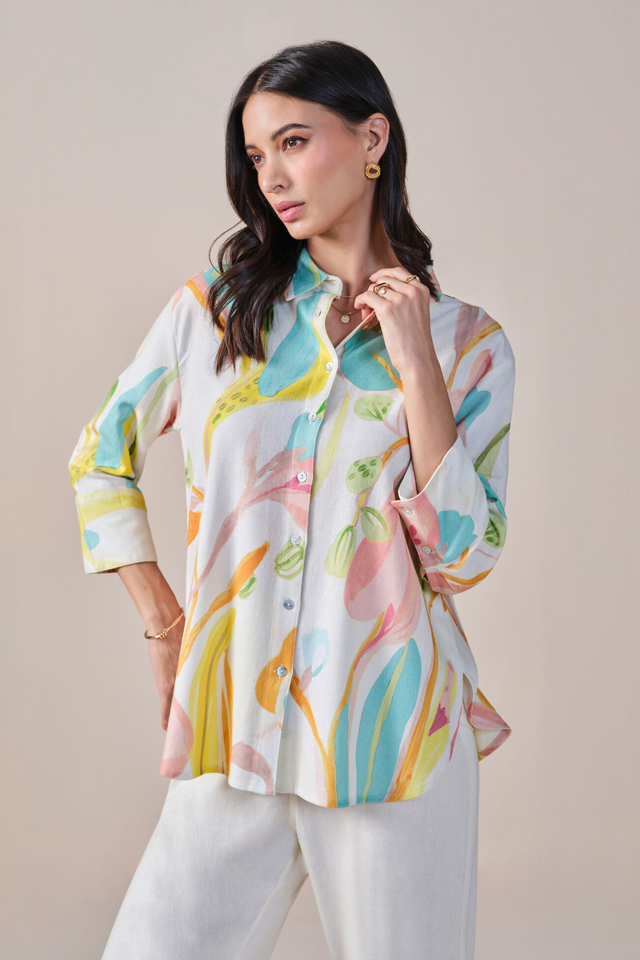 A Floral Summer Viscose Linen Blend Shirt, Multi Color, image 3