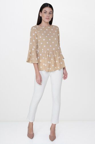 4 - Beige Polka Dots Round Neck Fit and Flare Top, image 4