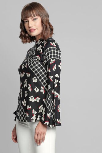 3 - Black Floral Round Neck Straight Flared Top, image 3