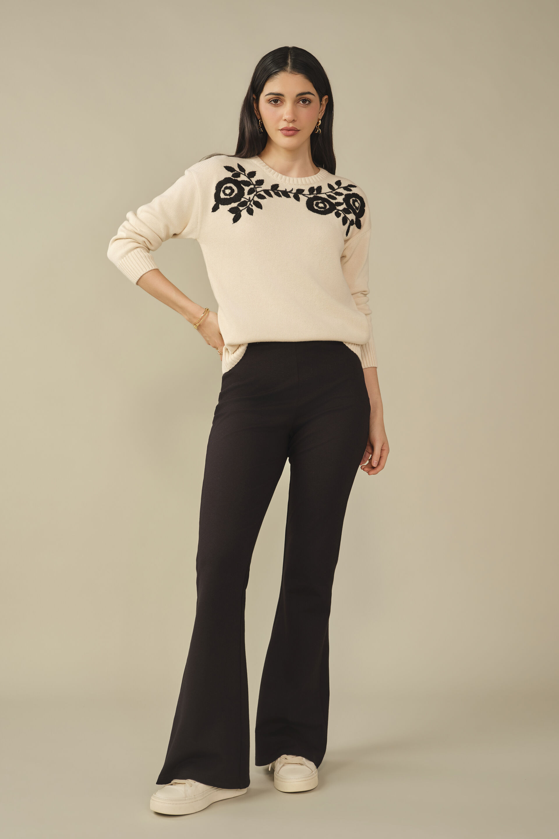 Floral Embroidered Sweater in Beige, Beige, image 4