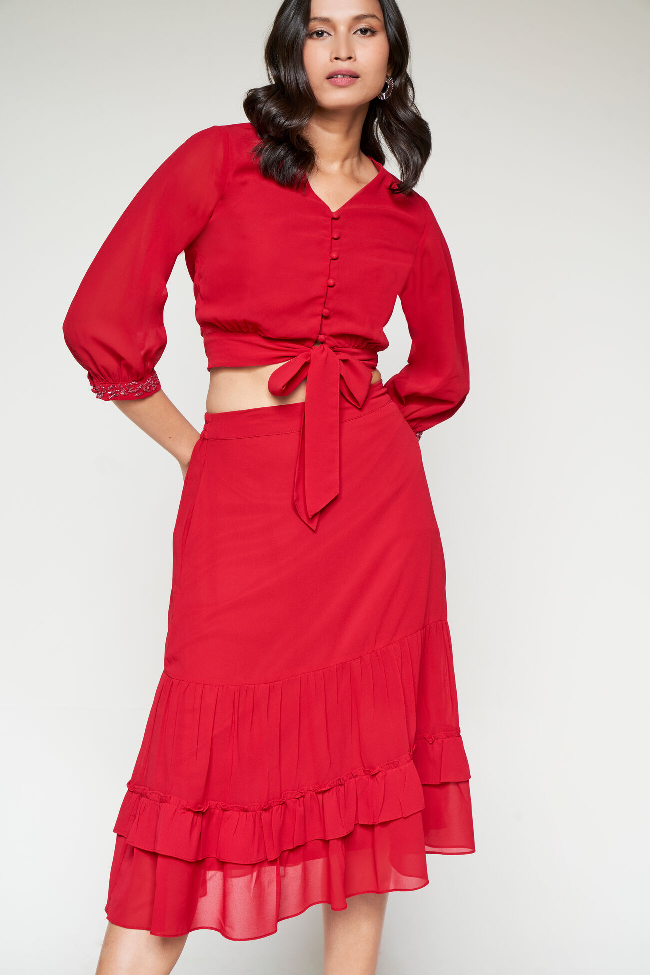 Red Crop Top-Skirt Set, Red, image 4