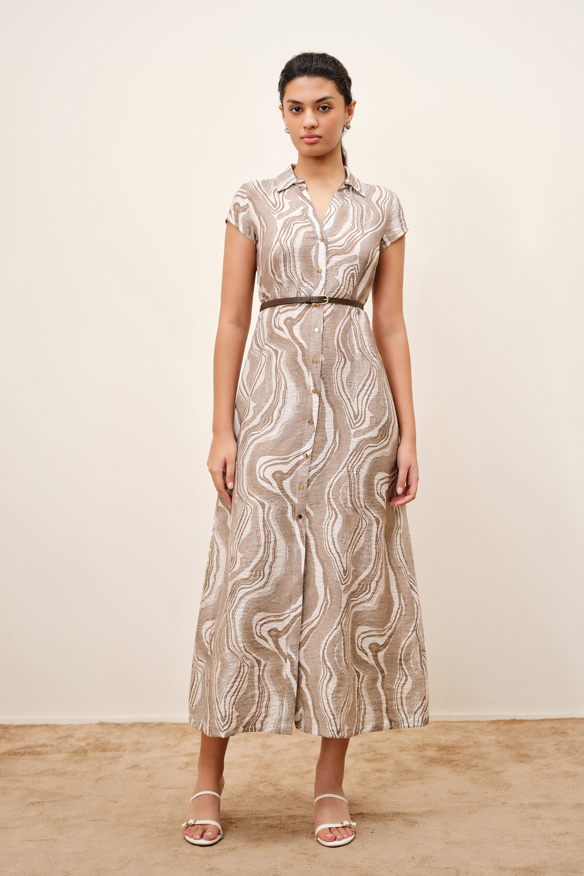 Elinor Abstract Print Dress, Brown, image 1