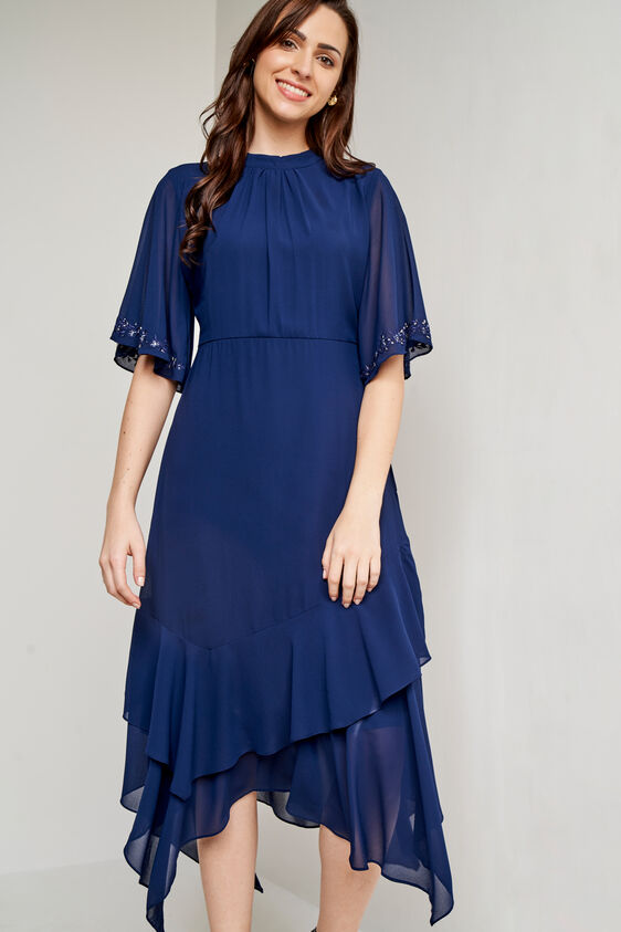 Blue Solid Fit and Flare Dress, Blue, image 1