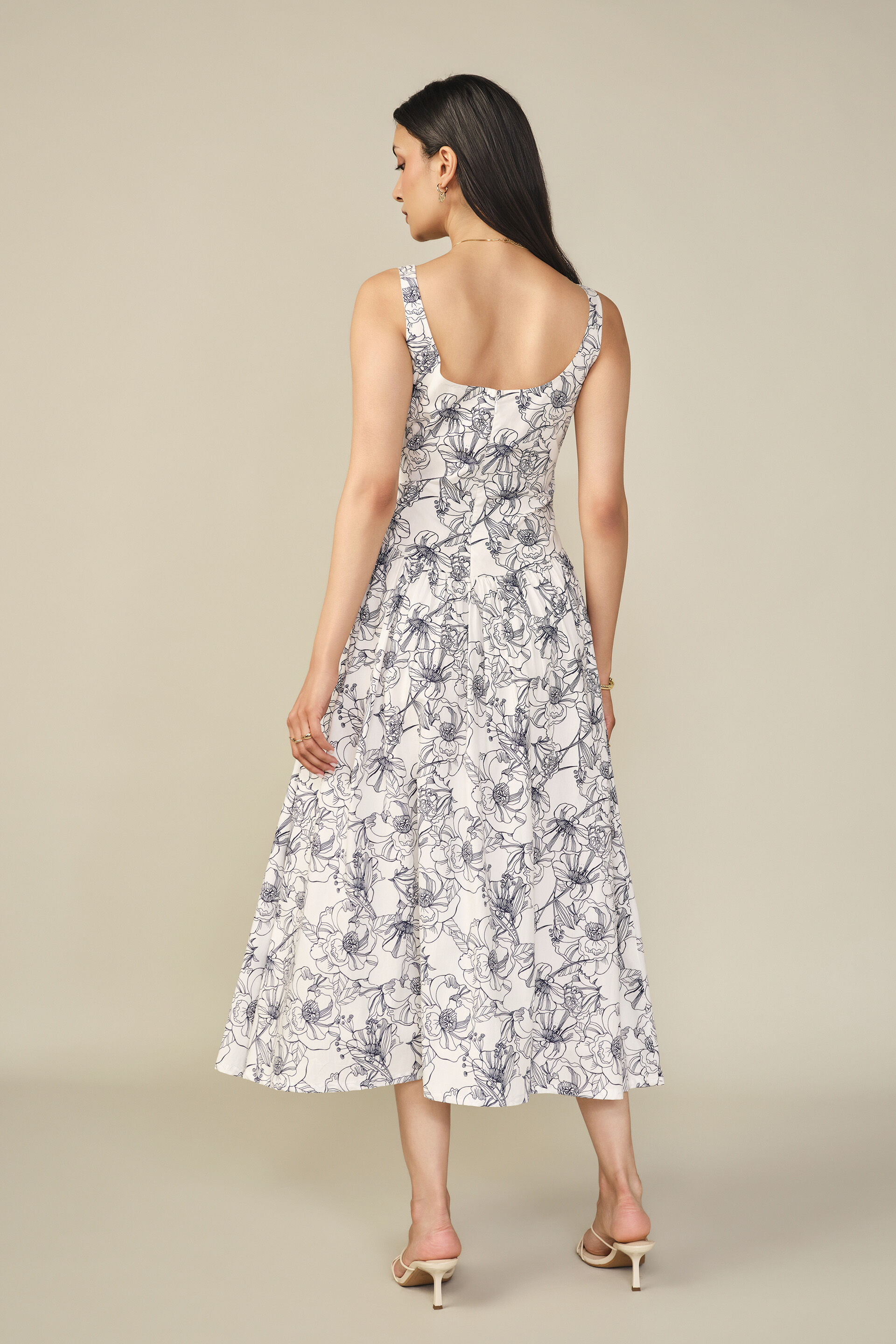 Fit & Flare Floral Printed Cotton Dress in Blue, Blue, image 6