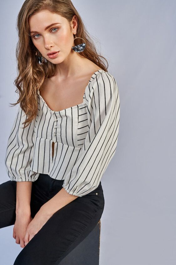 3 - Black - White Stripes Square Neck Fit and Flare Top, image 3