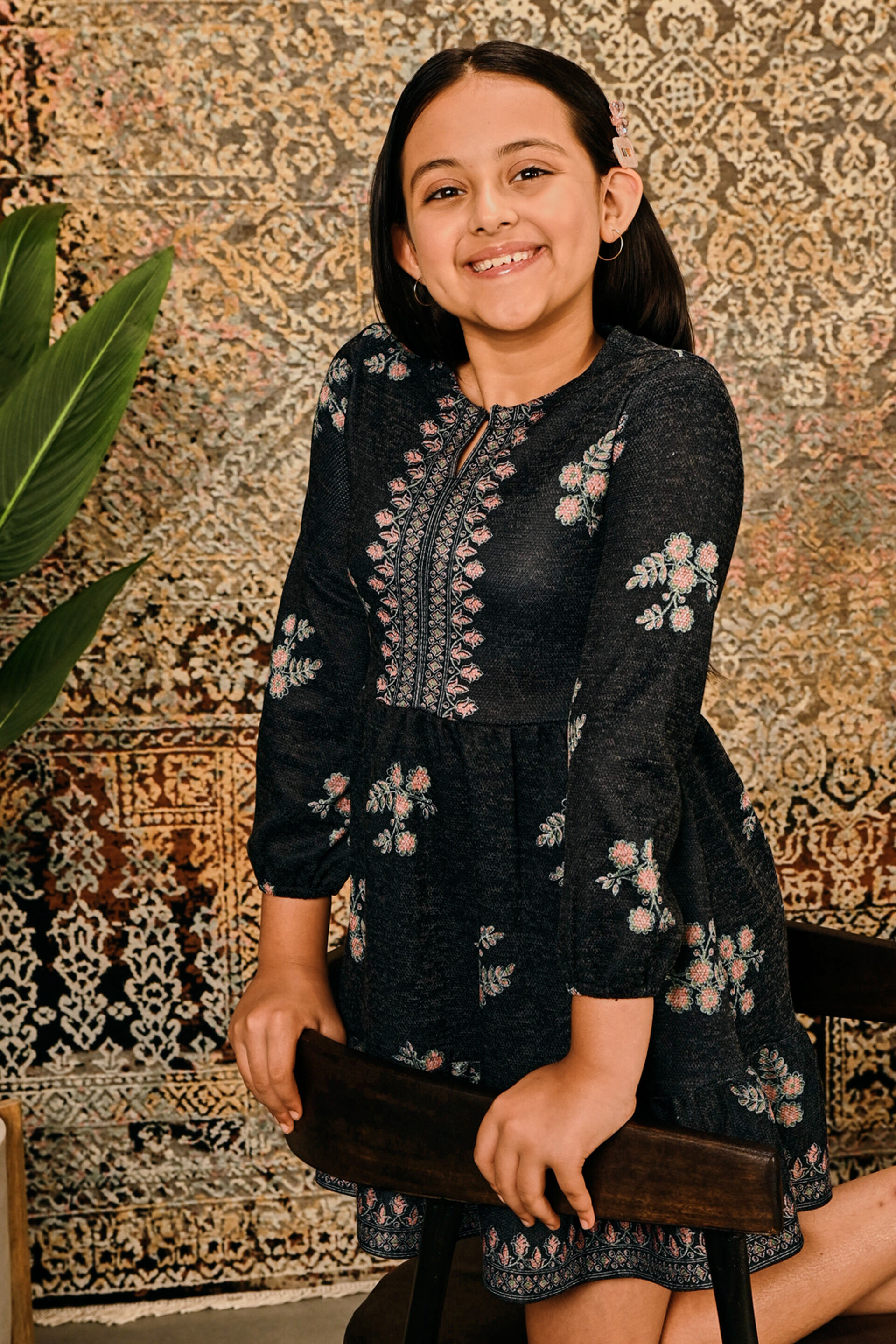 Grey Floral Keyhole Neck Dress, Grey, image 2