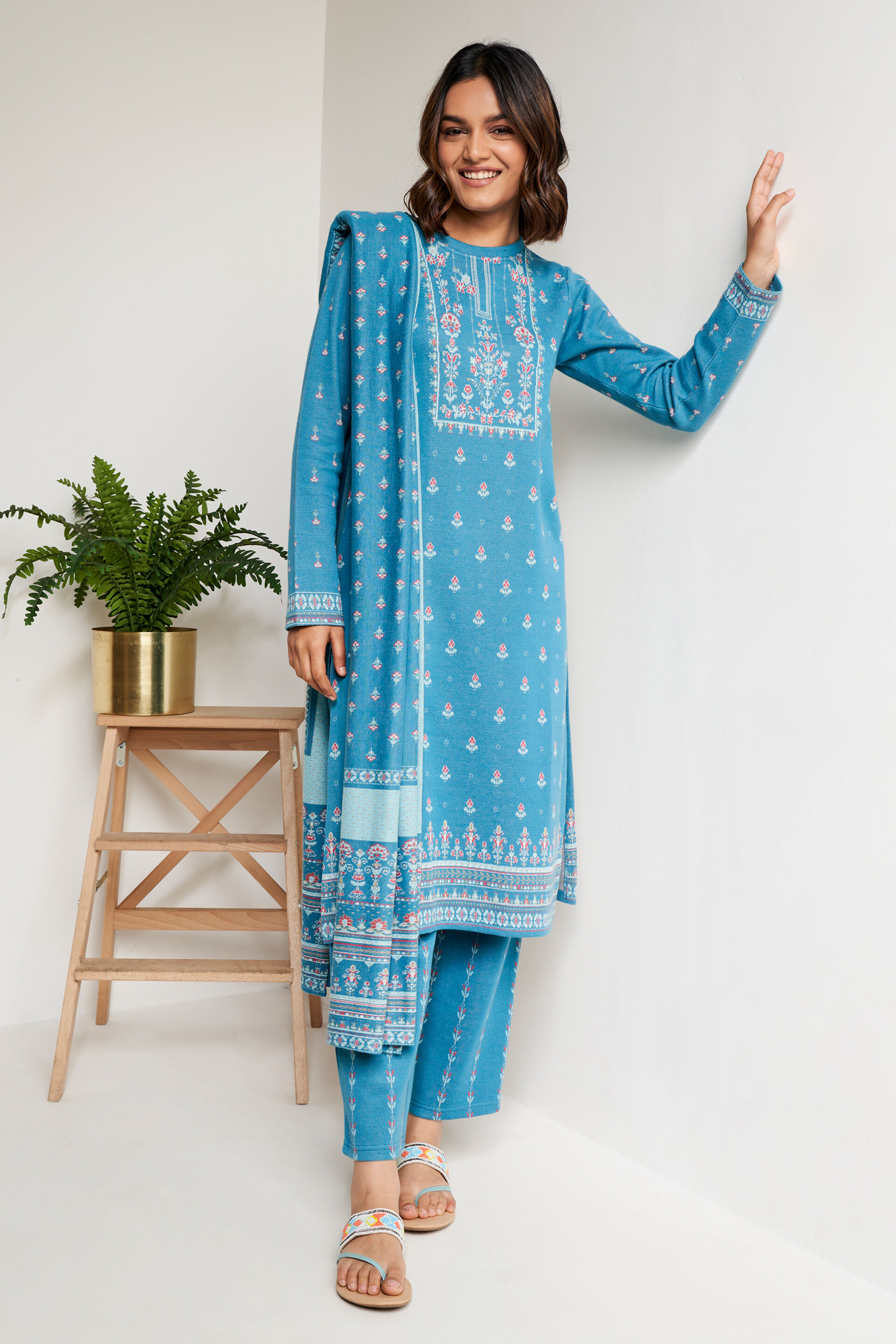 Aqua Floral Straight Suit, Aqua, image 1