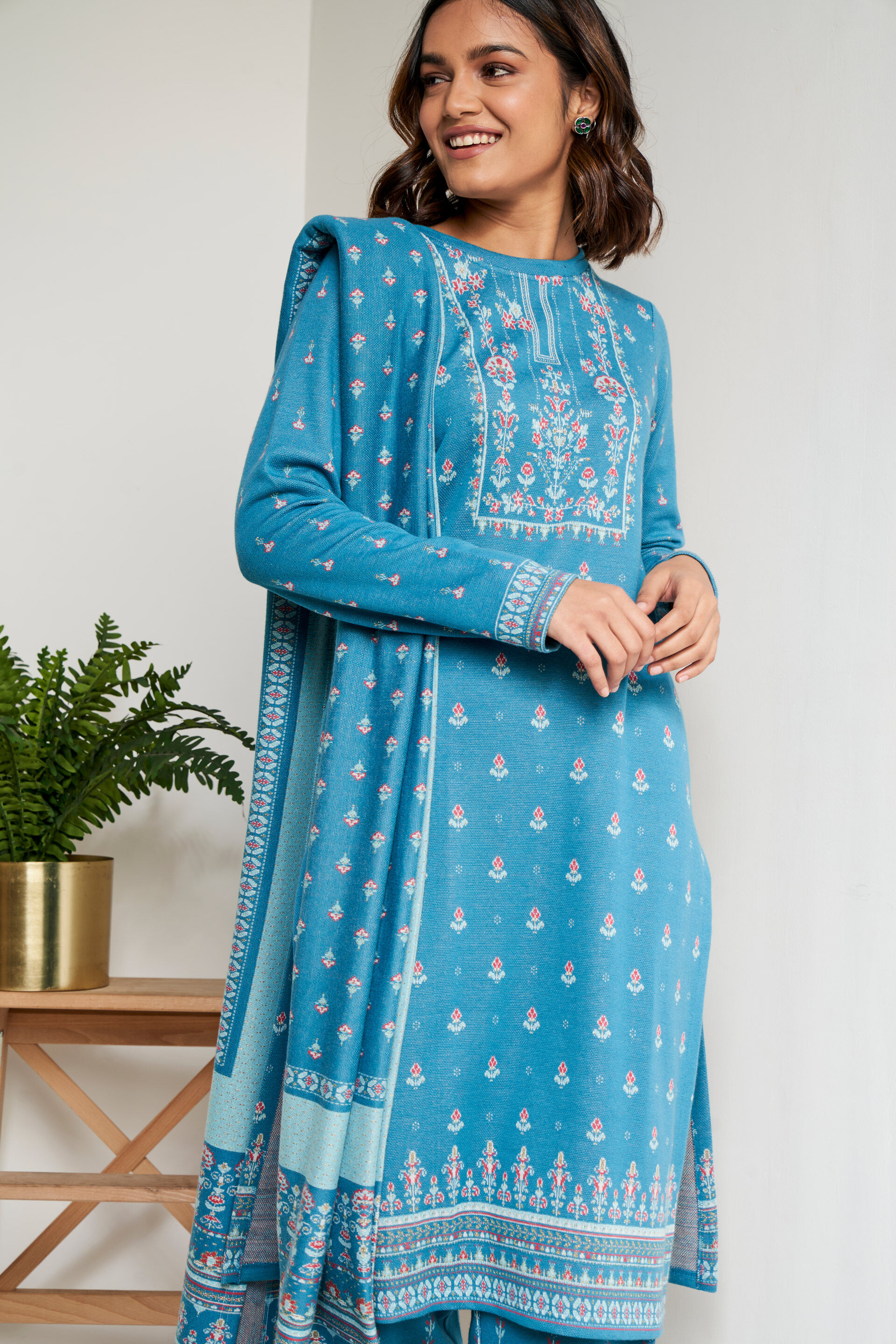 Aqua Floral Straight Suit, Aqua, image 3