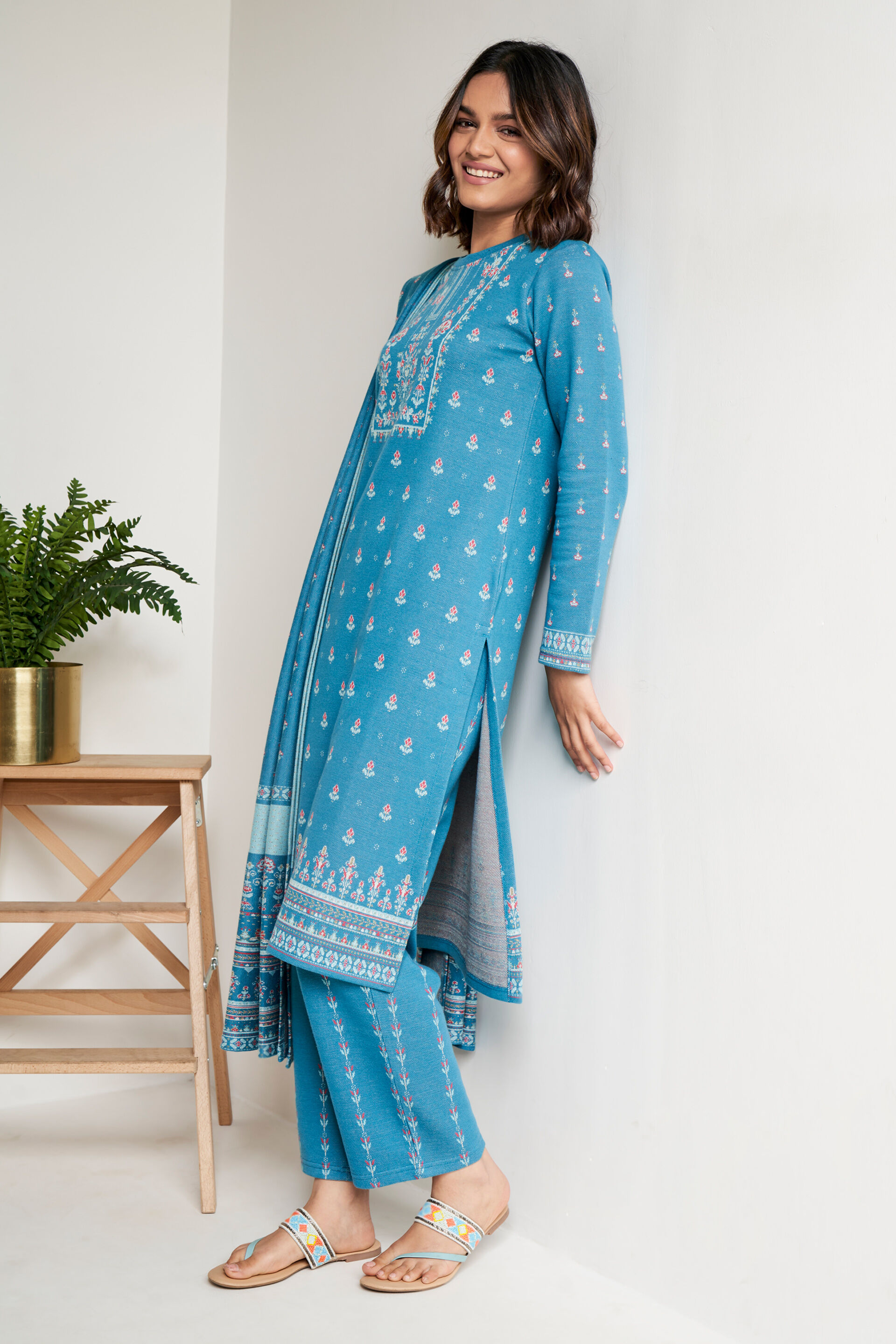 Aqua Floral Straight Suit, Aqua, image 2