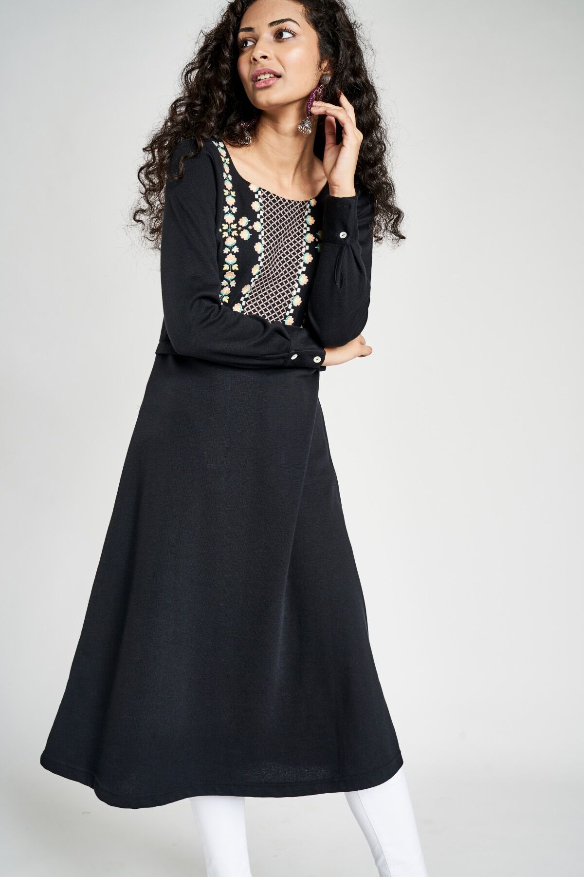 Shop Black Embroidered Round Neck Midi Kurta Online Global Desi