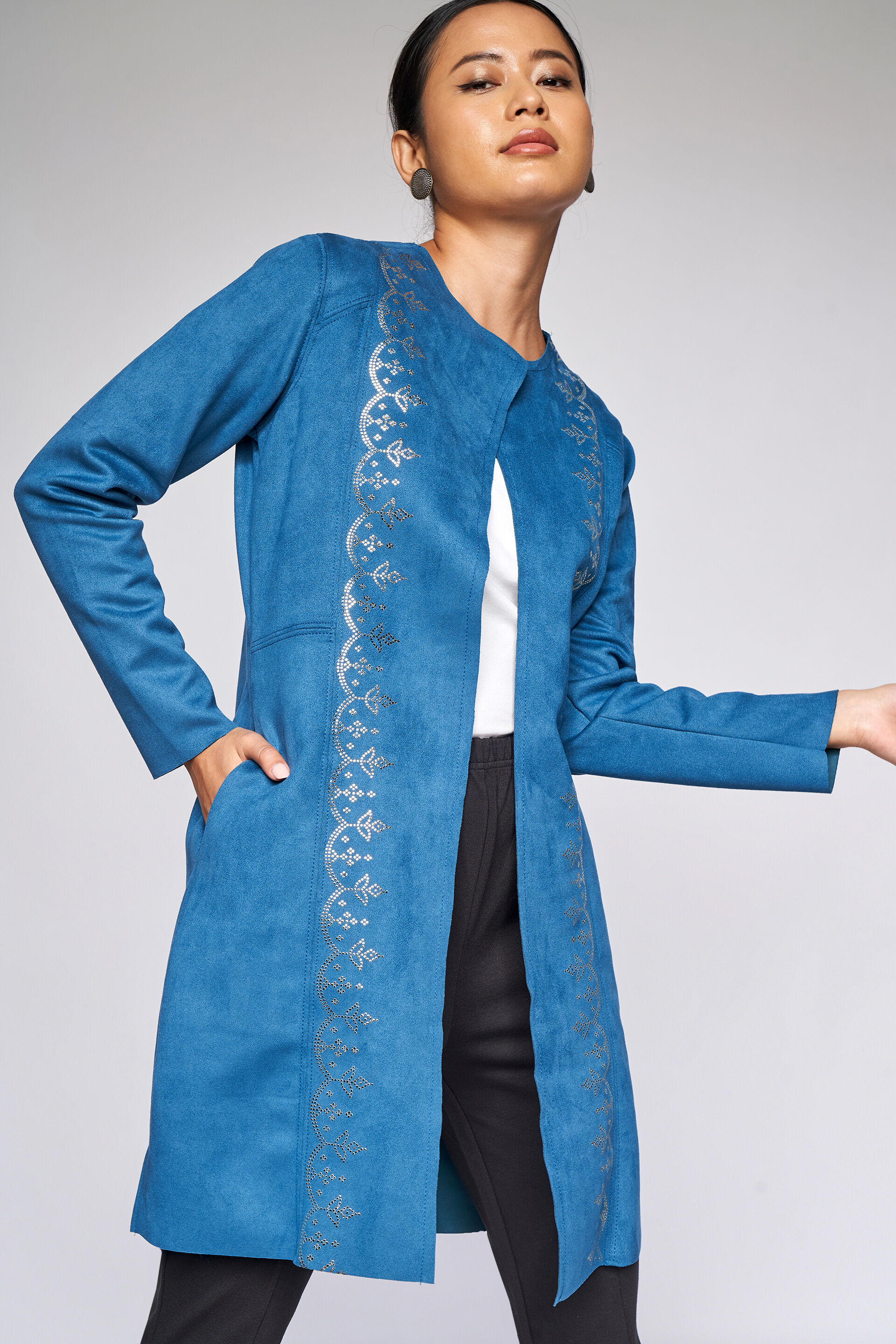 Buy Midnight Blue Ethnic Motifs Straight Shrug Online at Best