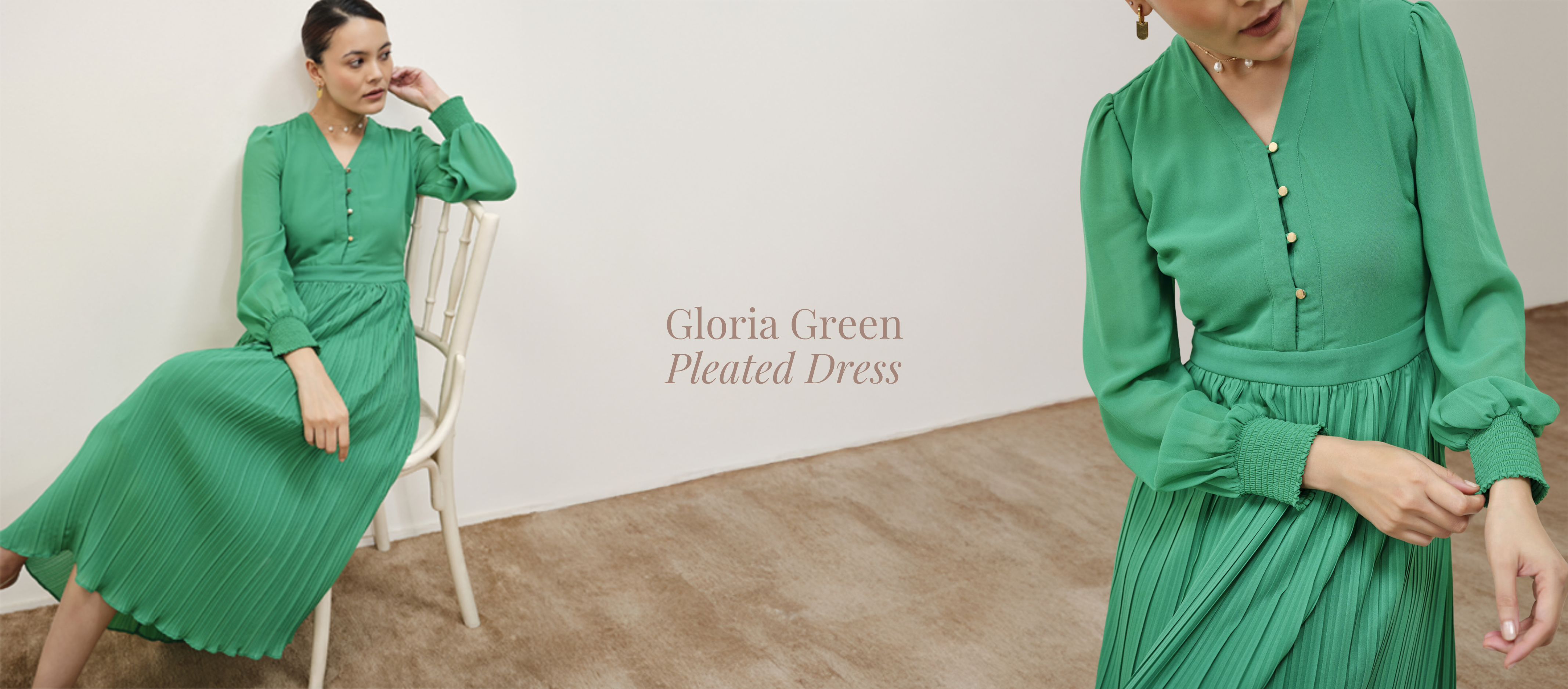 Gloria Green Pleated Dress