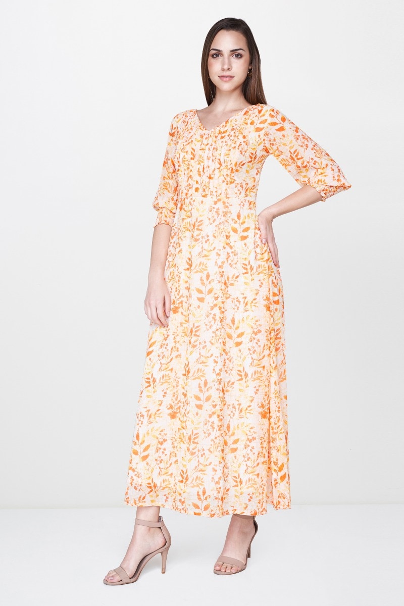 4 - Orange - White Floral Ruffles Puff Sleeves Maxi Gown, image 4