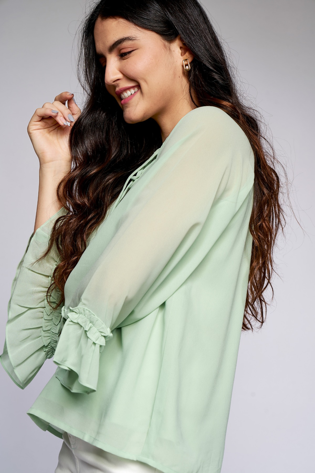 4 - Sage Green Solid Blouson Top, image 4