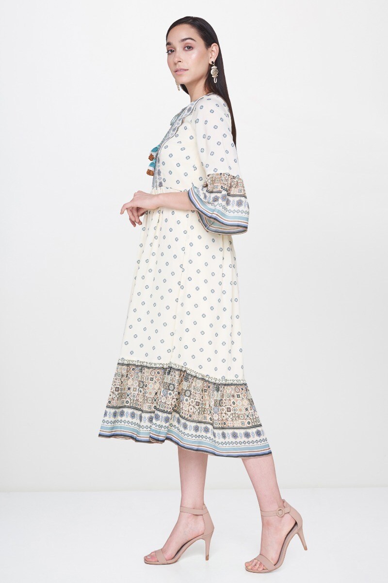 3 - Beige Bohemian Keyhole Neck Bell Sleeves Midi Dress, image 3