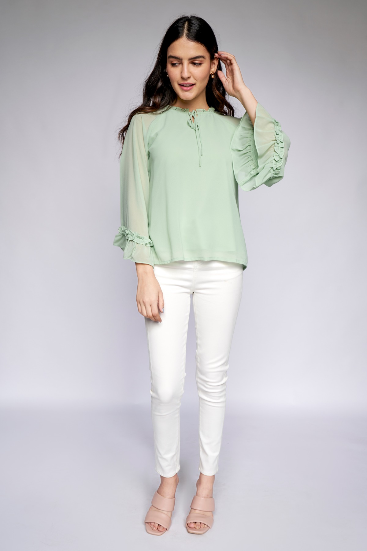 2 - Sage Green Solid Blouson Top, image 2