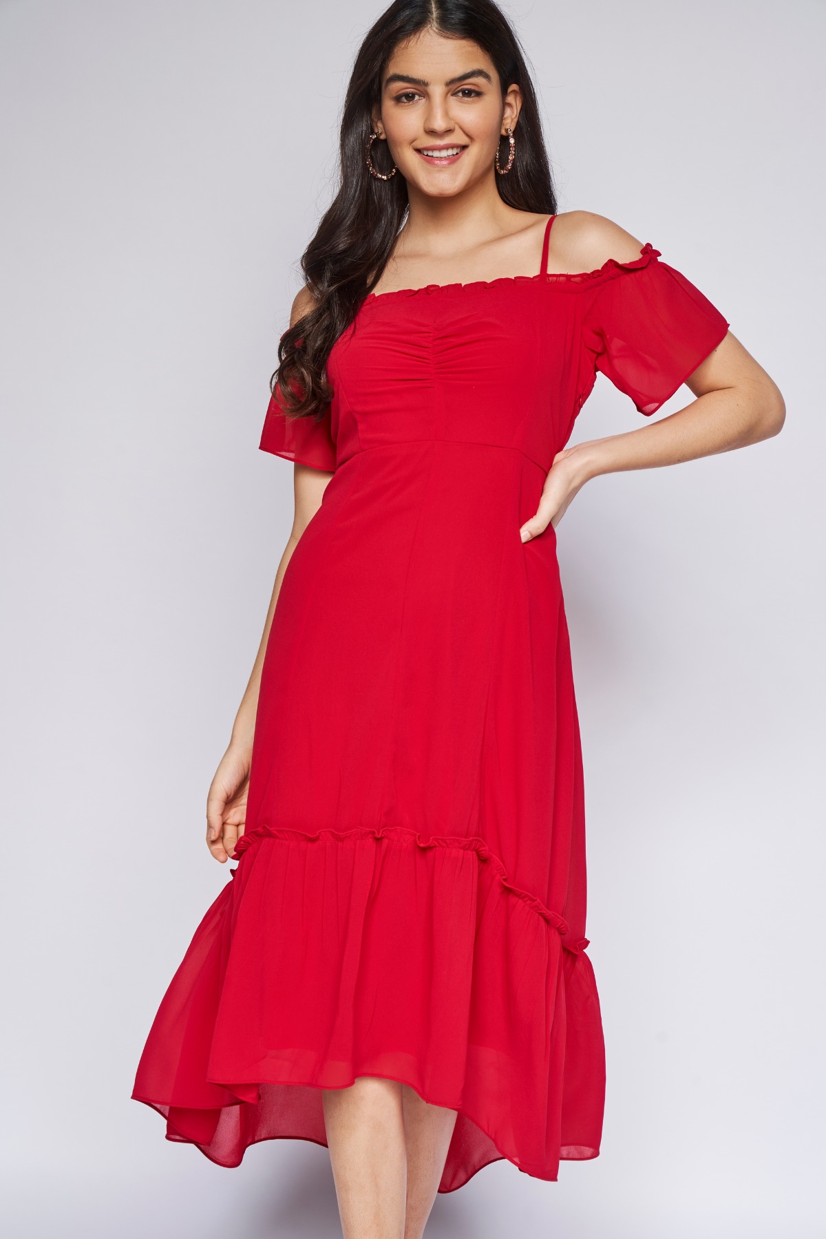 3 - Red Solid Fit & Flare Gown, image 3