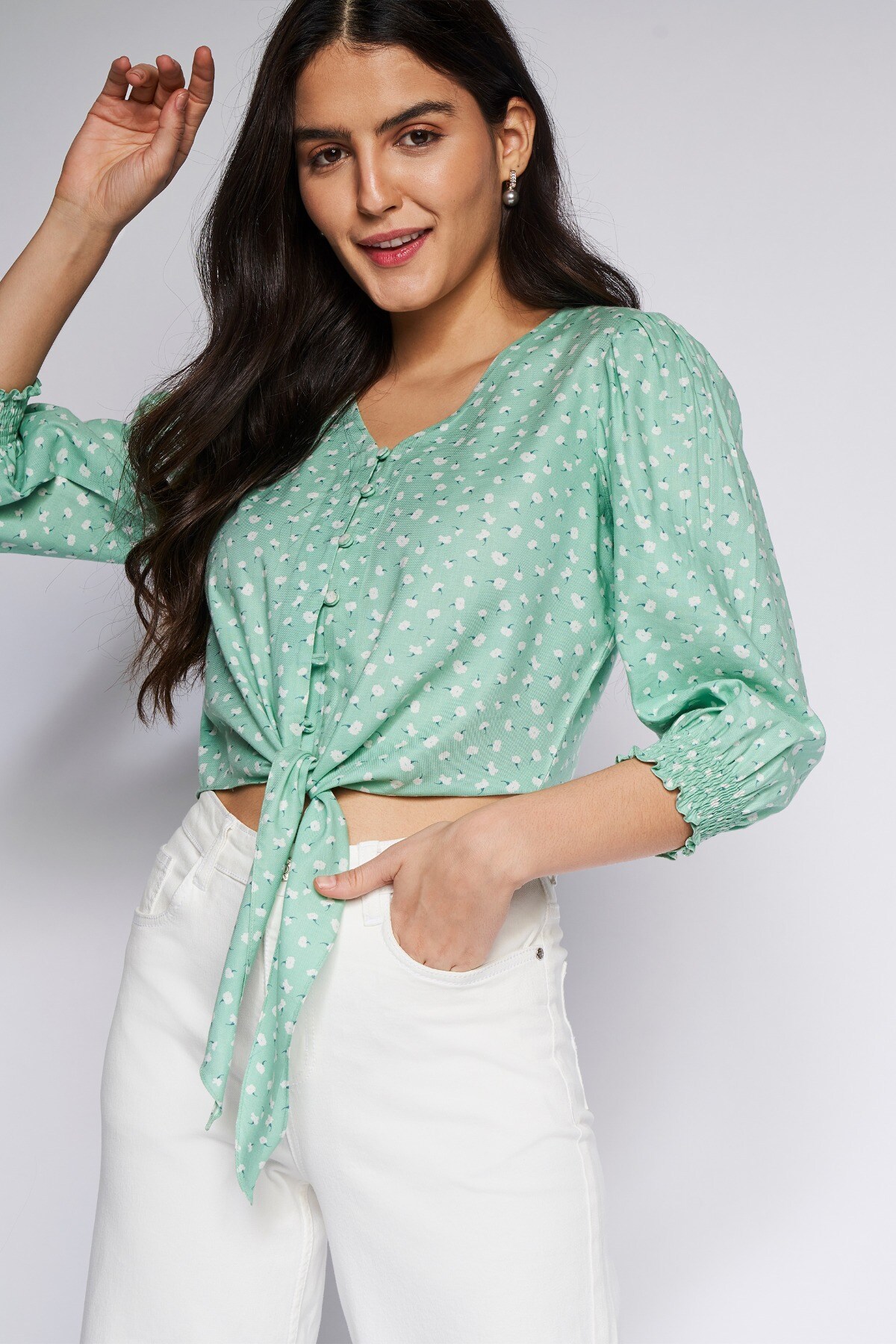 1 - Sage Green Floral Curved Top, image 1