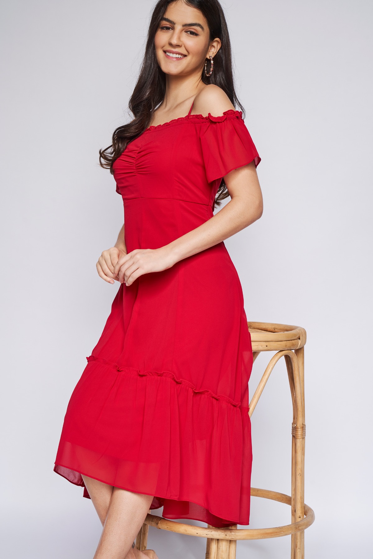 1 - Red Solid Fit & Flare Gown, image 1