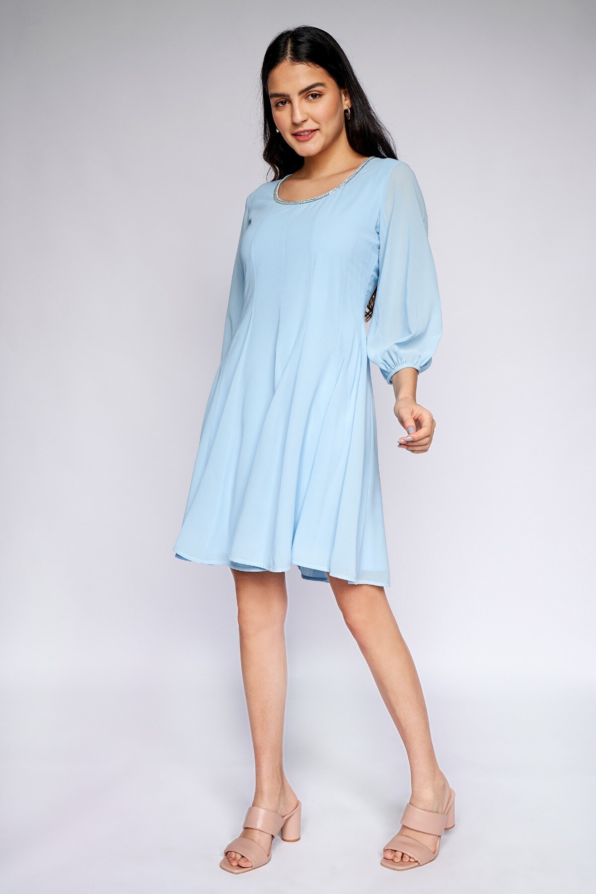 2 - Powder Blue Solid Fit and Flare Dress, image 2