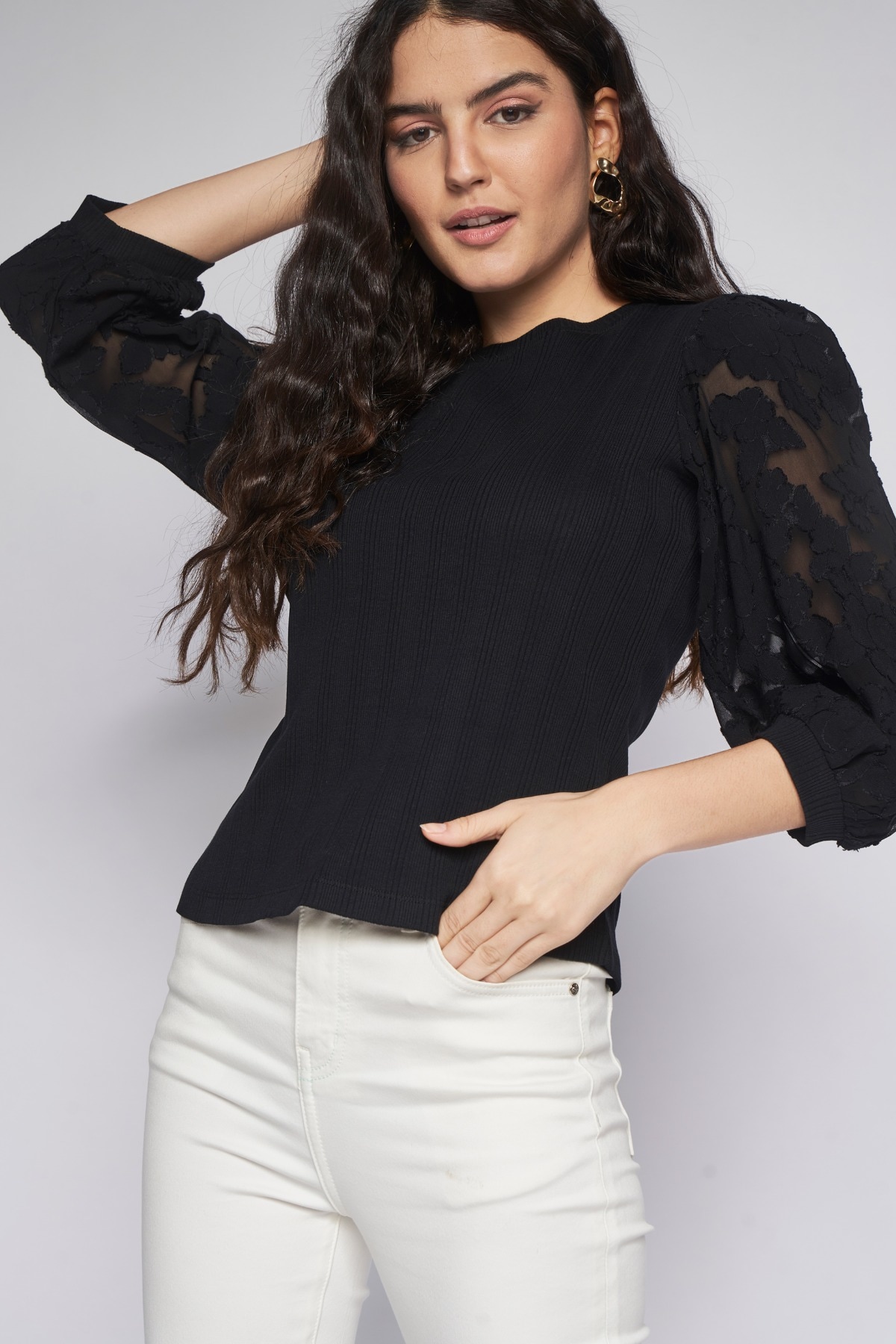 1 - Black Self Design Straight Top, image 1