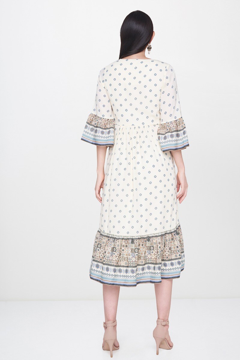 2 - Beige Bohemian Keyhole Neck Bell Sleeves Midi Dress, image 2