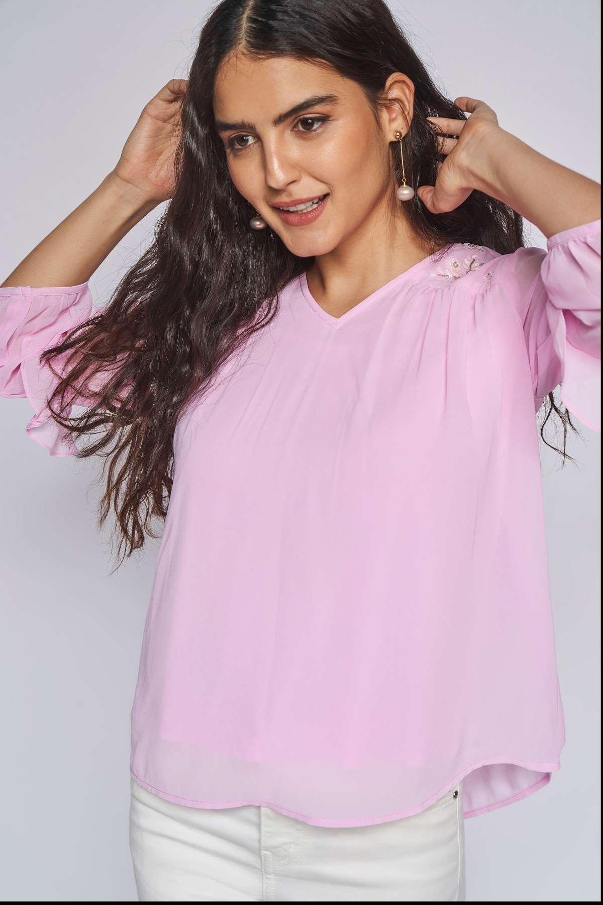 4 - Pink Solid Blouson Top, image 4