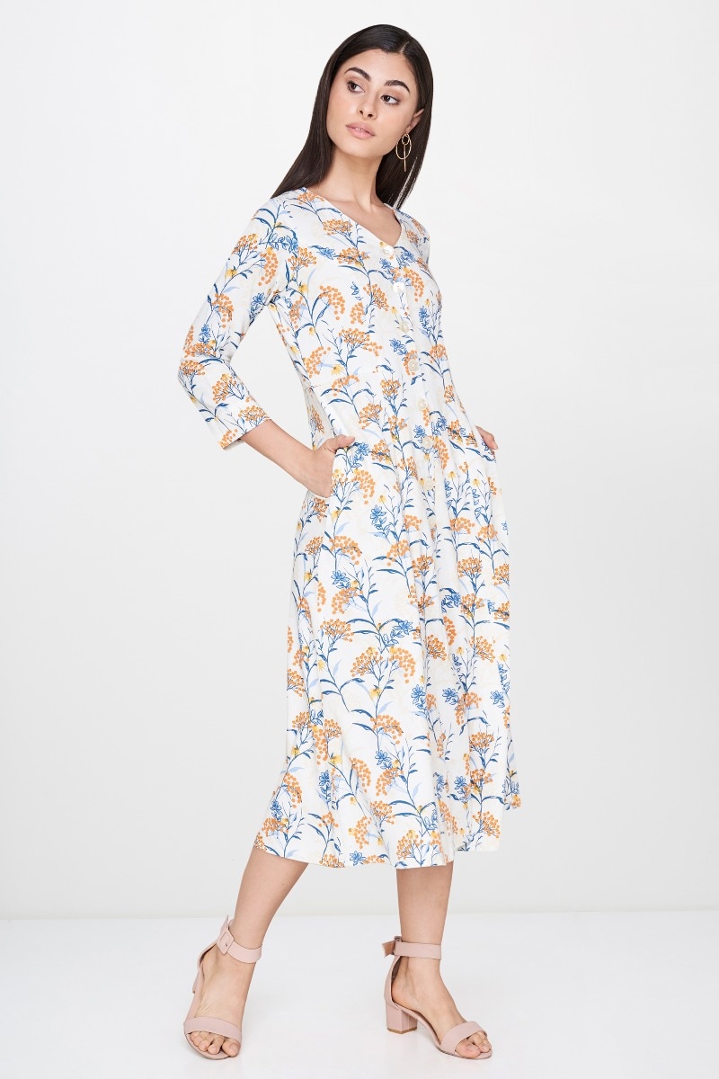 5 - Off White Floral V-Neck Dress, image 5