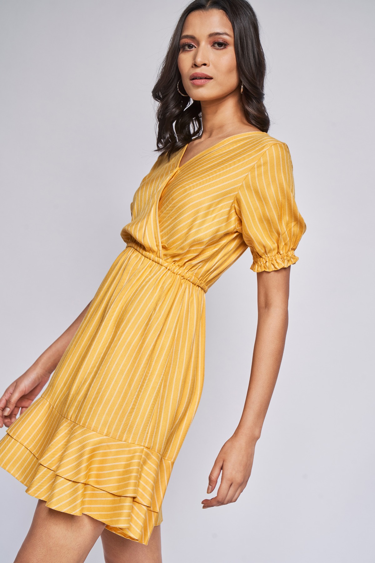 Yellow Stripes Flounce Dress, Yellow, image 4