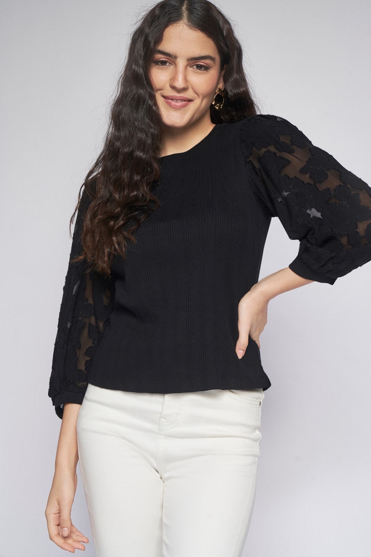 2 - Black Self Design Straight Top, image 2