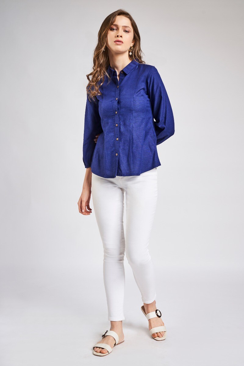 2 - Indigo Blue Shirt Style Cuff Top, image 2