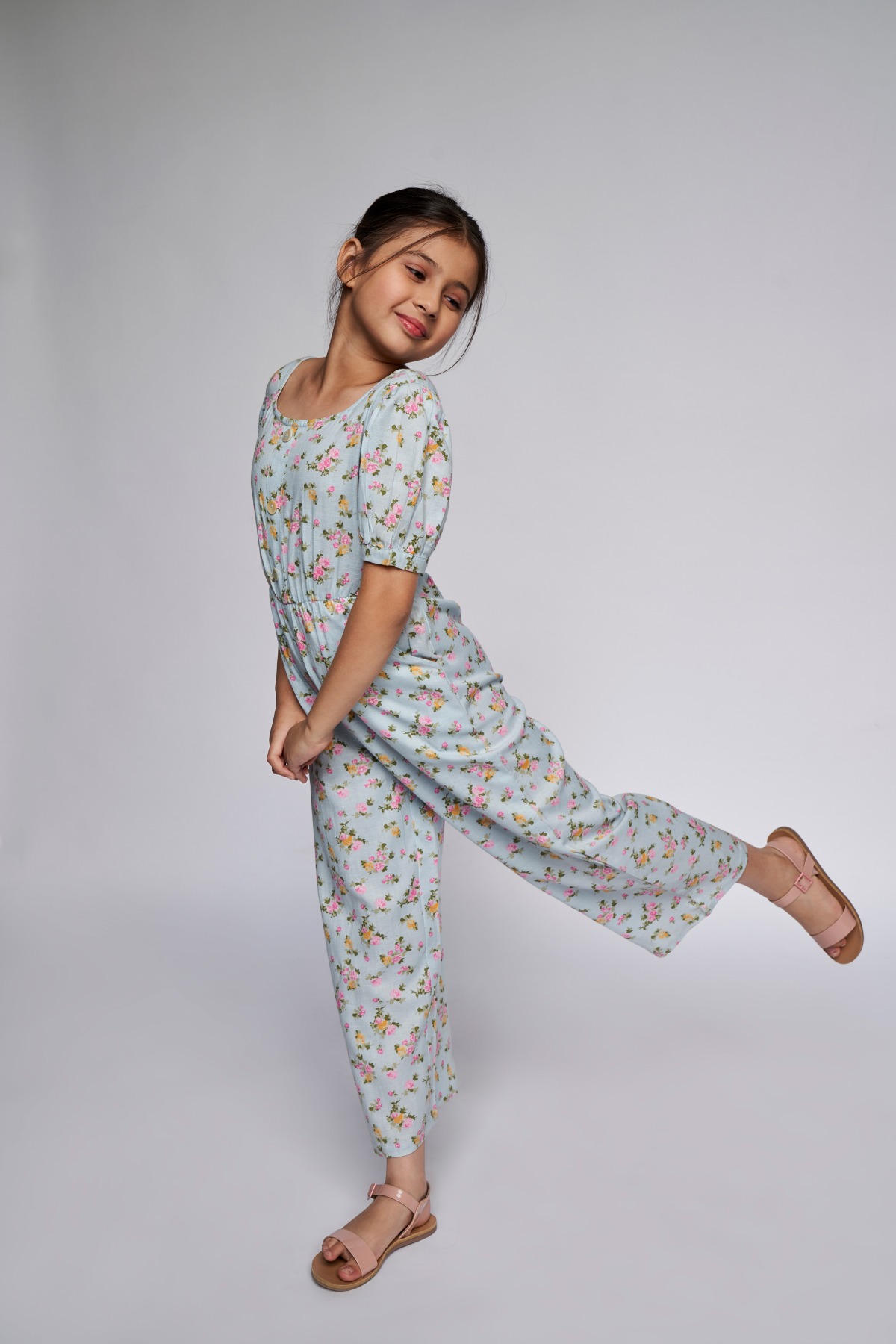 Sale Buy Girls Powder Blue Floral Straight Jumpsuit Online at AND