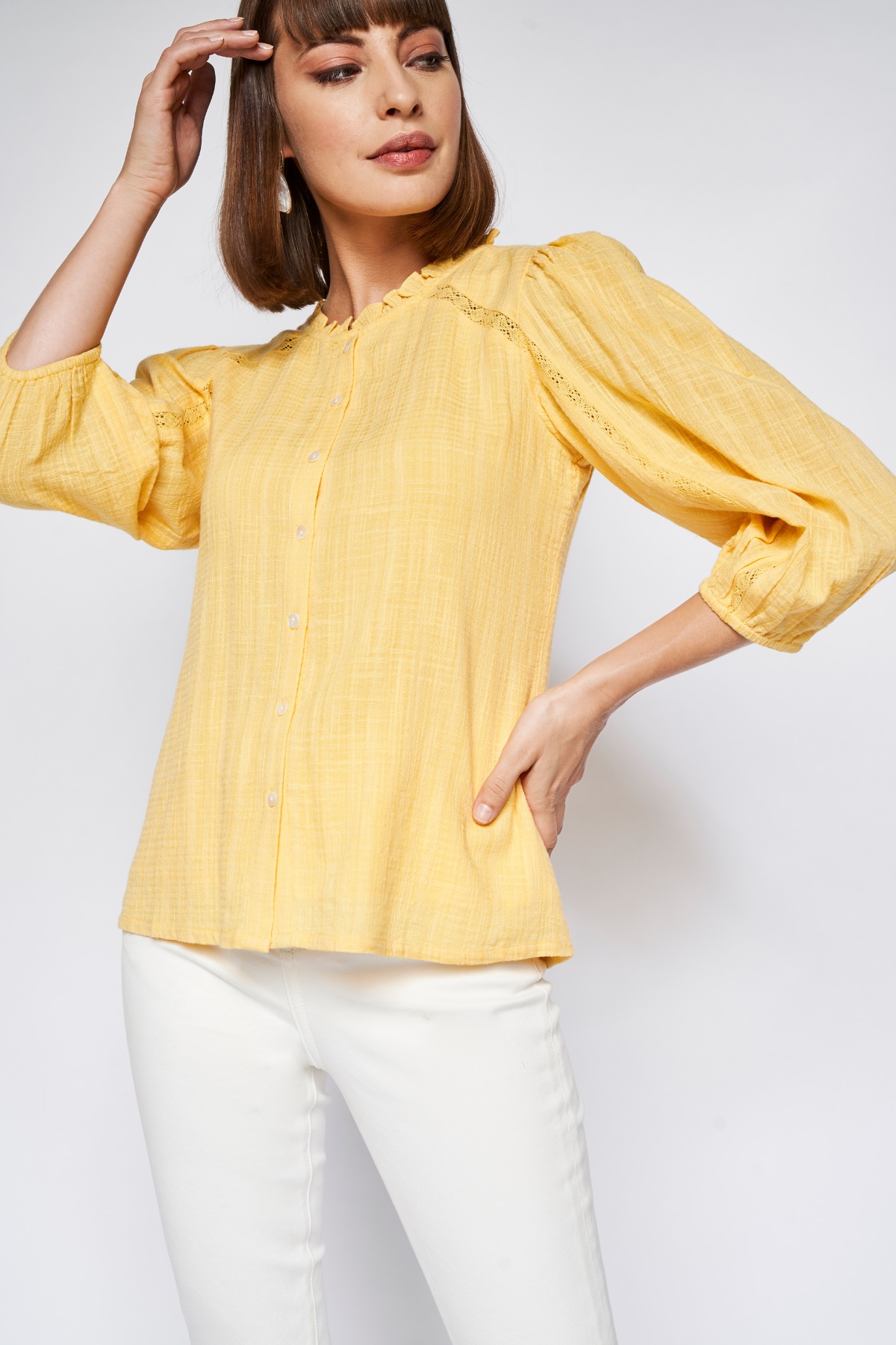 Yellow Solid Blouson Top, Yellow, image 3