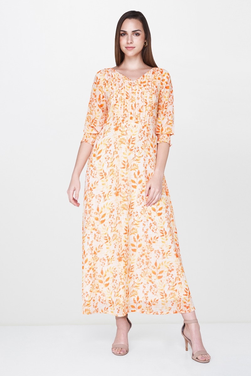 1 - Orange - White Floral Ruffles Puff Sleeves Maxi Gown, image 1
