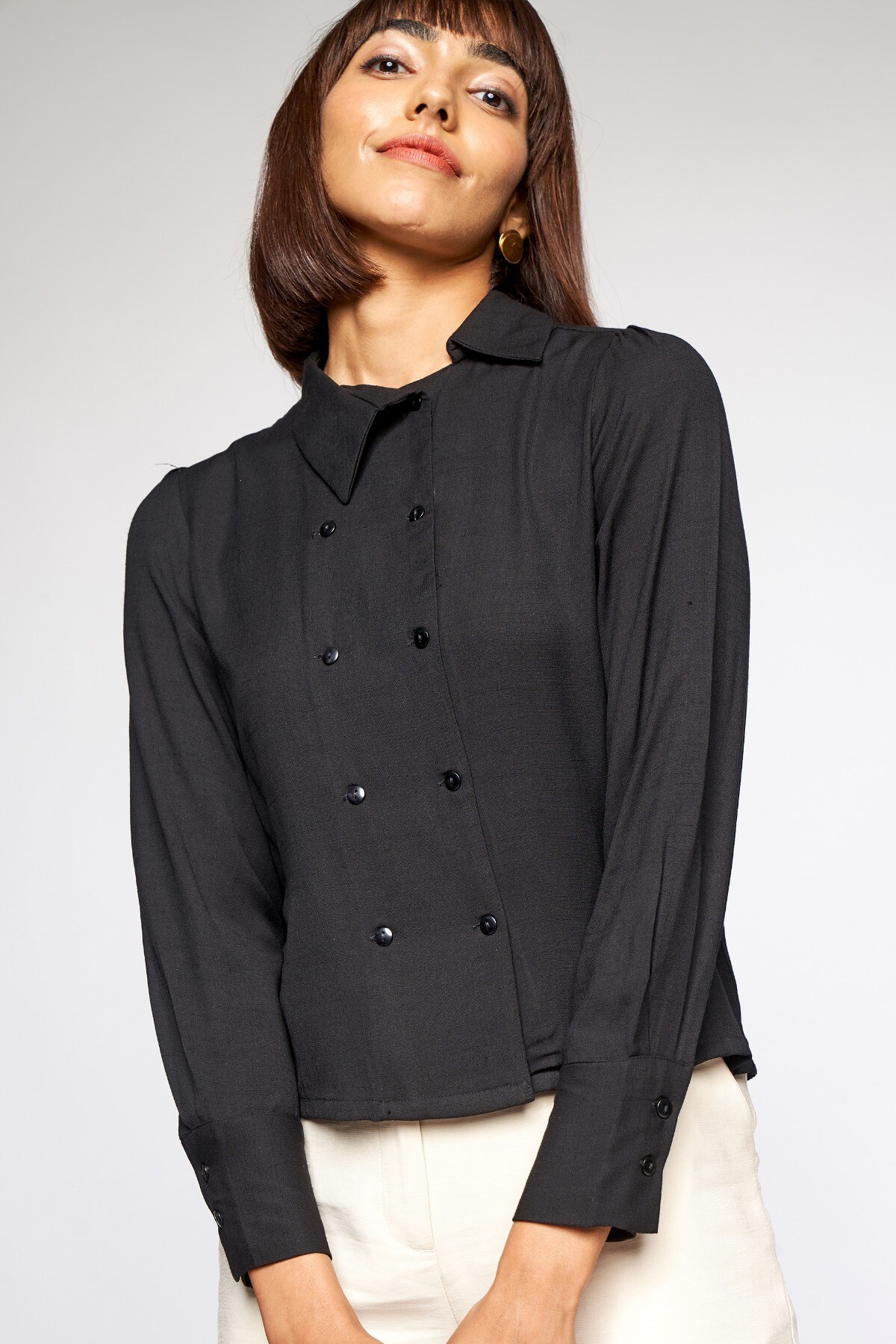3 - Black Solid Shirt Style Top, image 3