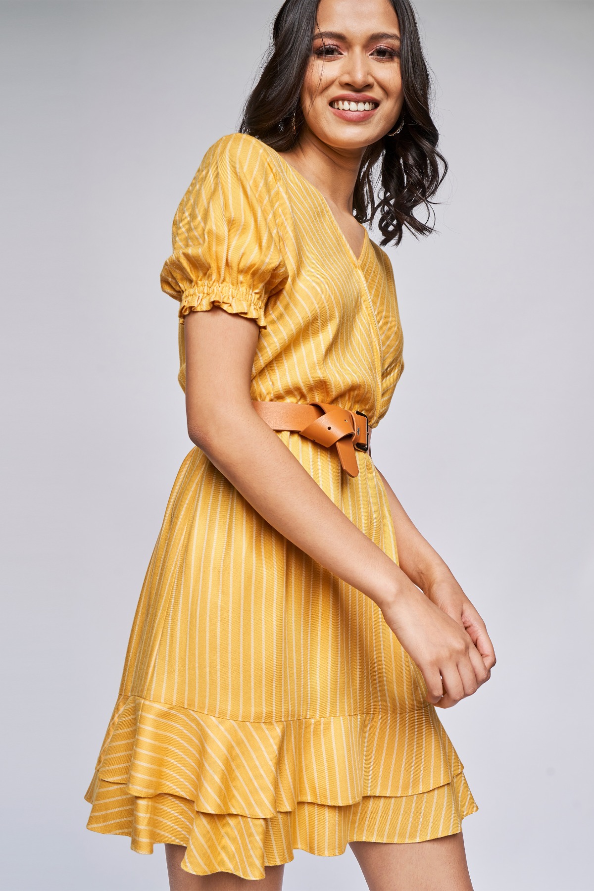 Yellow Stripes Flounce Dress, Yellow, image 3
