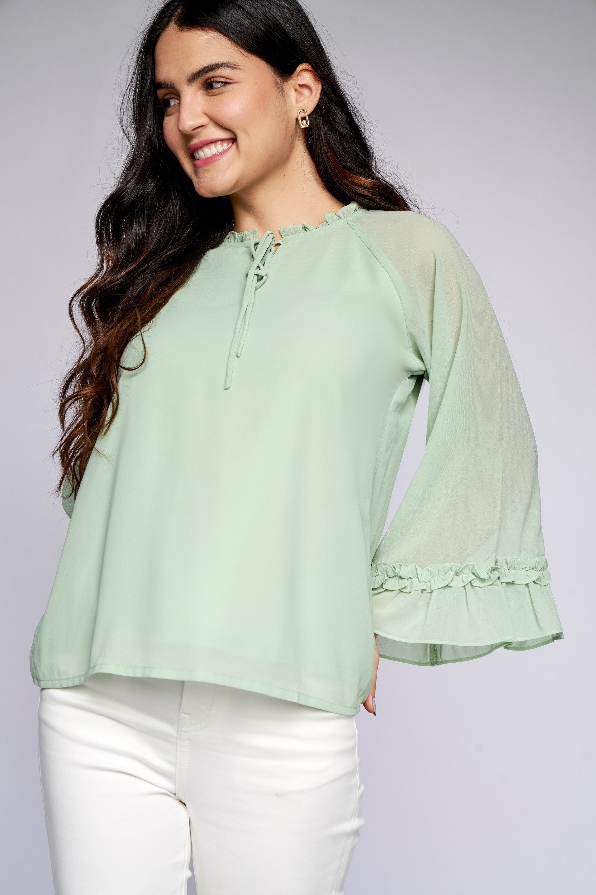 3 - Sage Green Solid Blouson Top, image 3