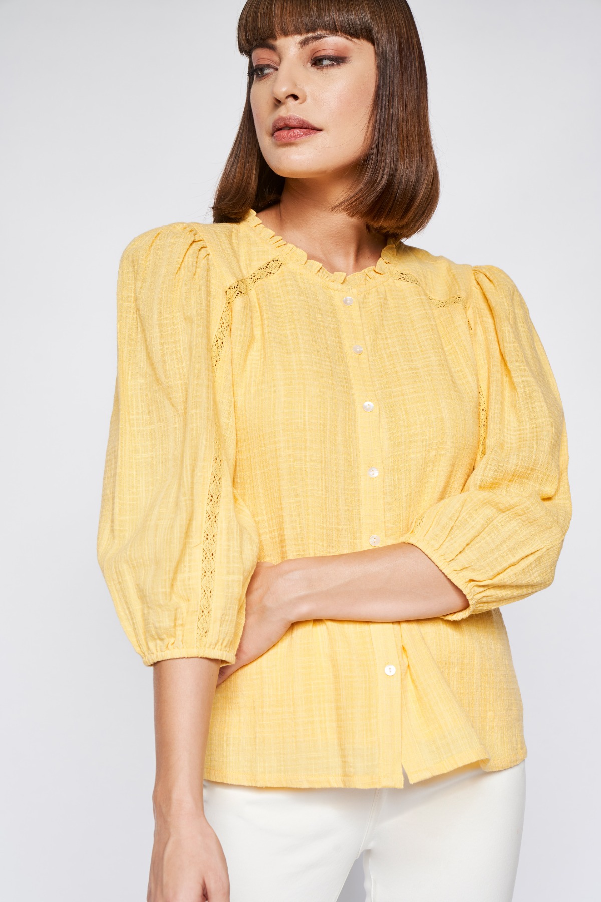 Yellow Solid Blouson Top, Yellow, image 2