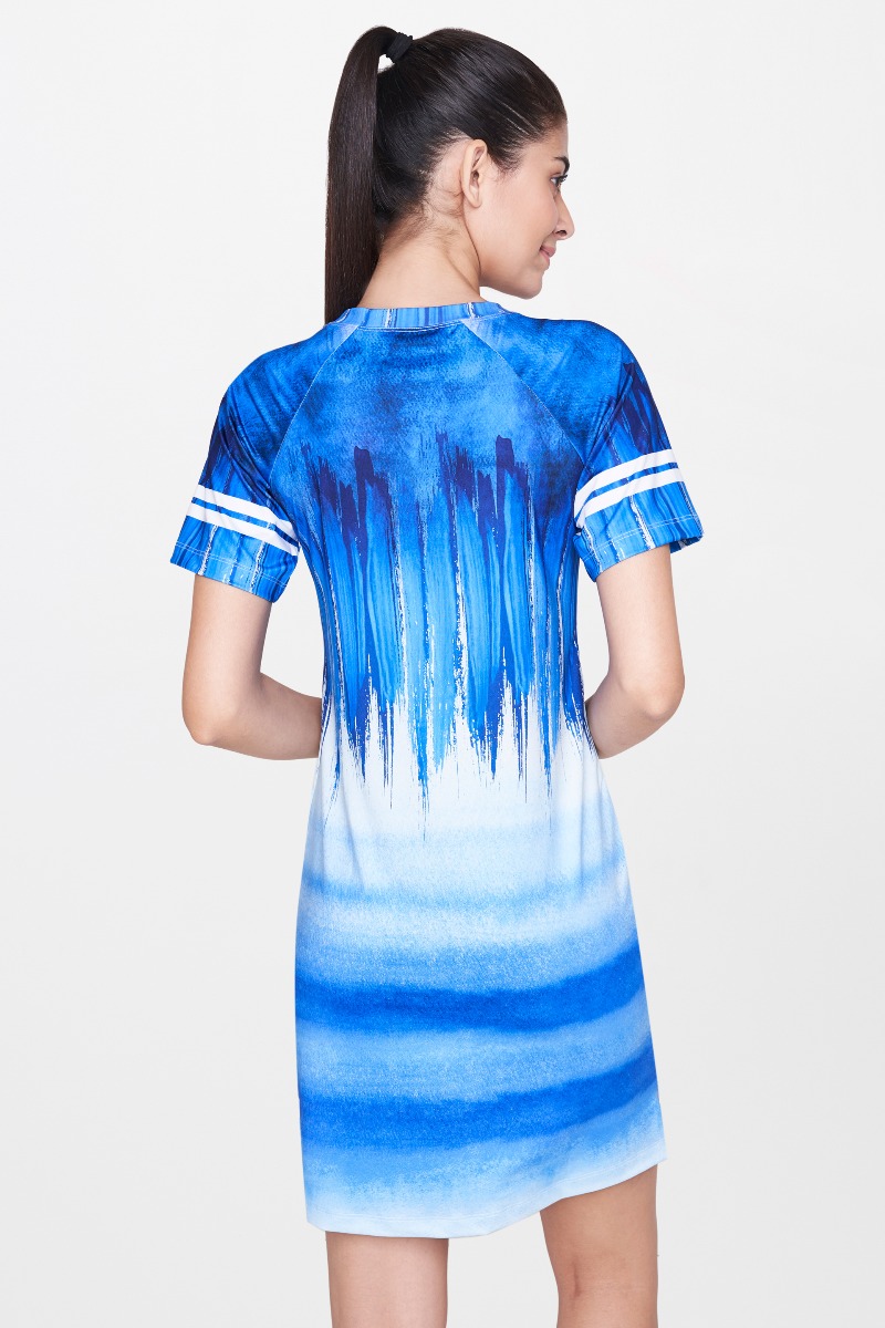 2 - Blue Abstract Round Neck A-Line Dress, image 2