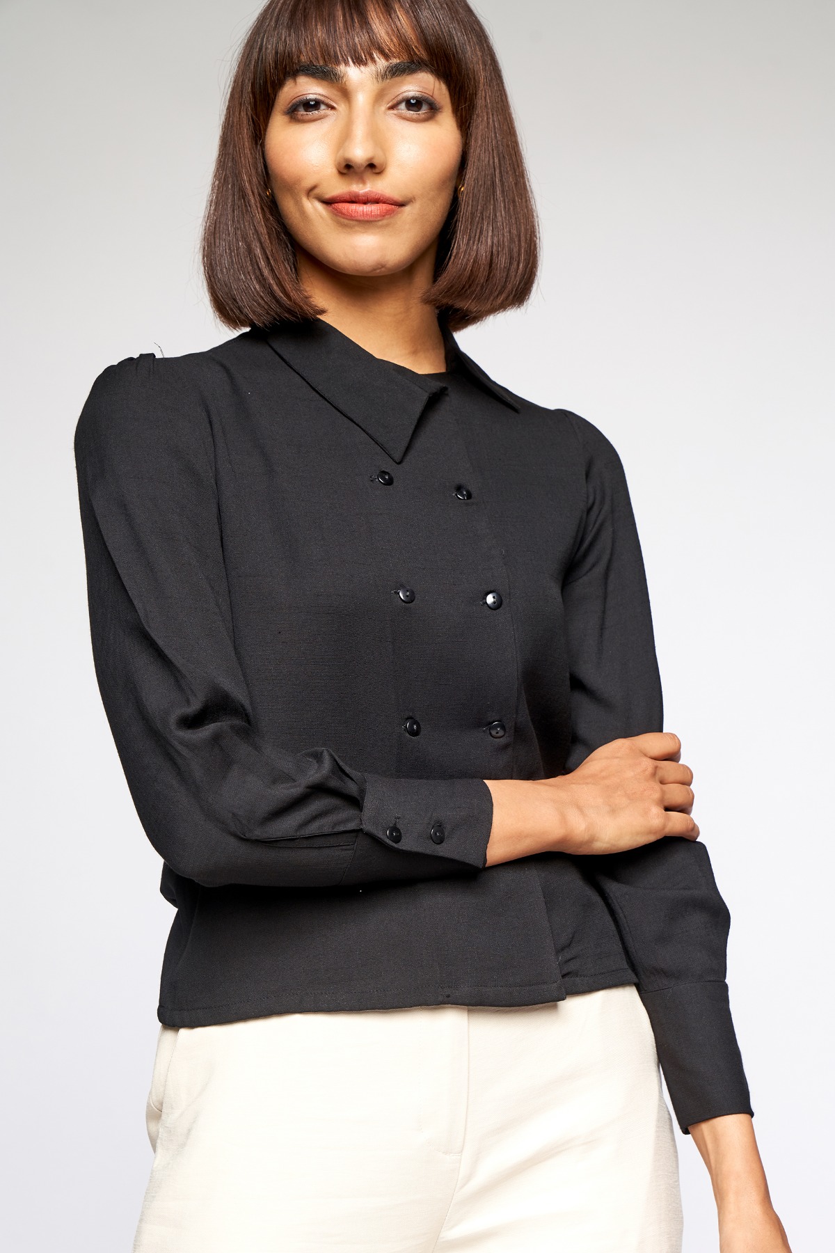 1 - Black Solid Shirt Style Top, image 1