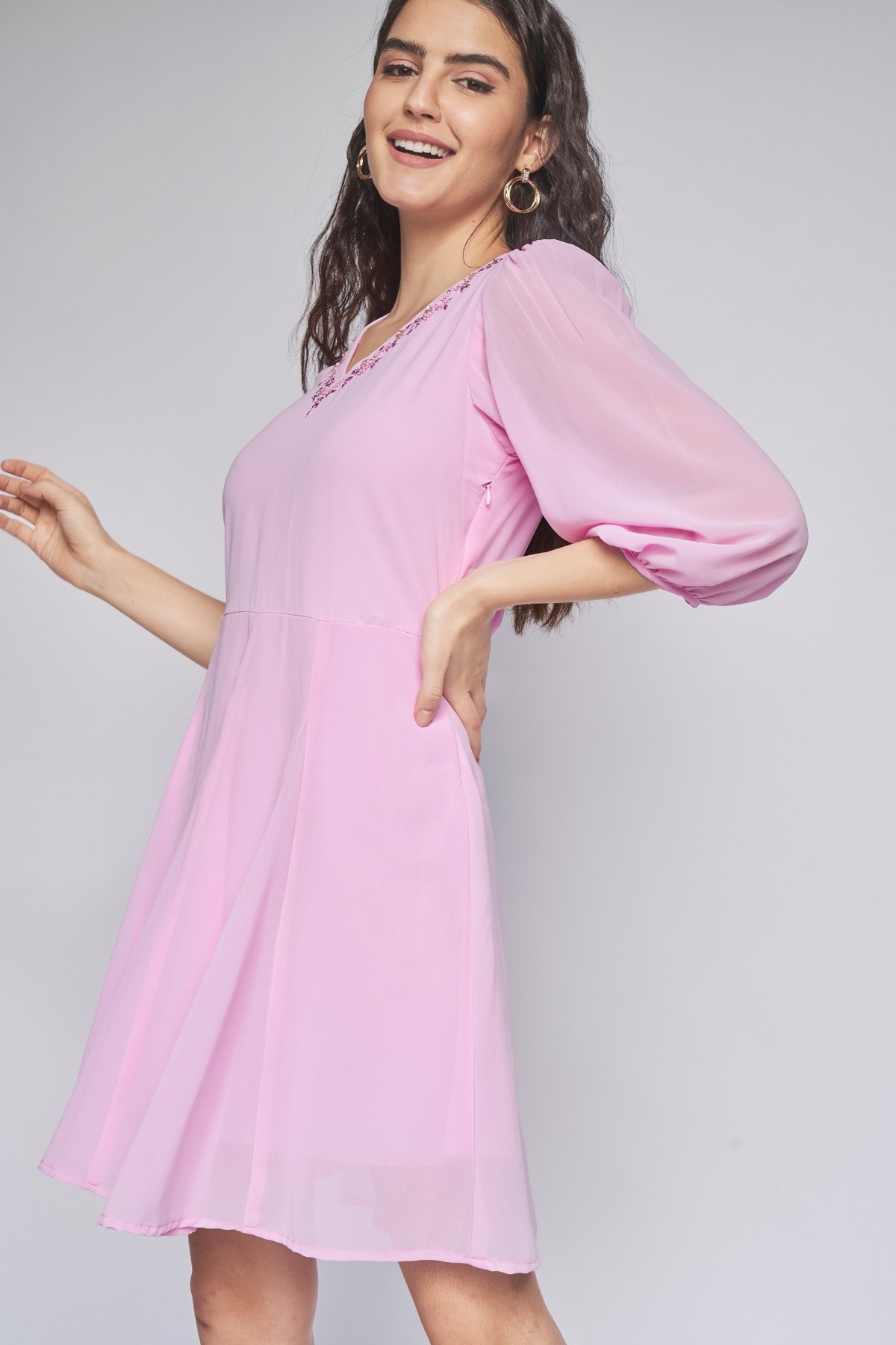 2 - Pink Solid Fit & Flare Dress, image 2