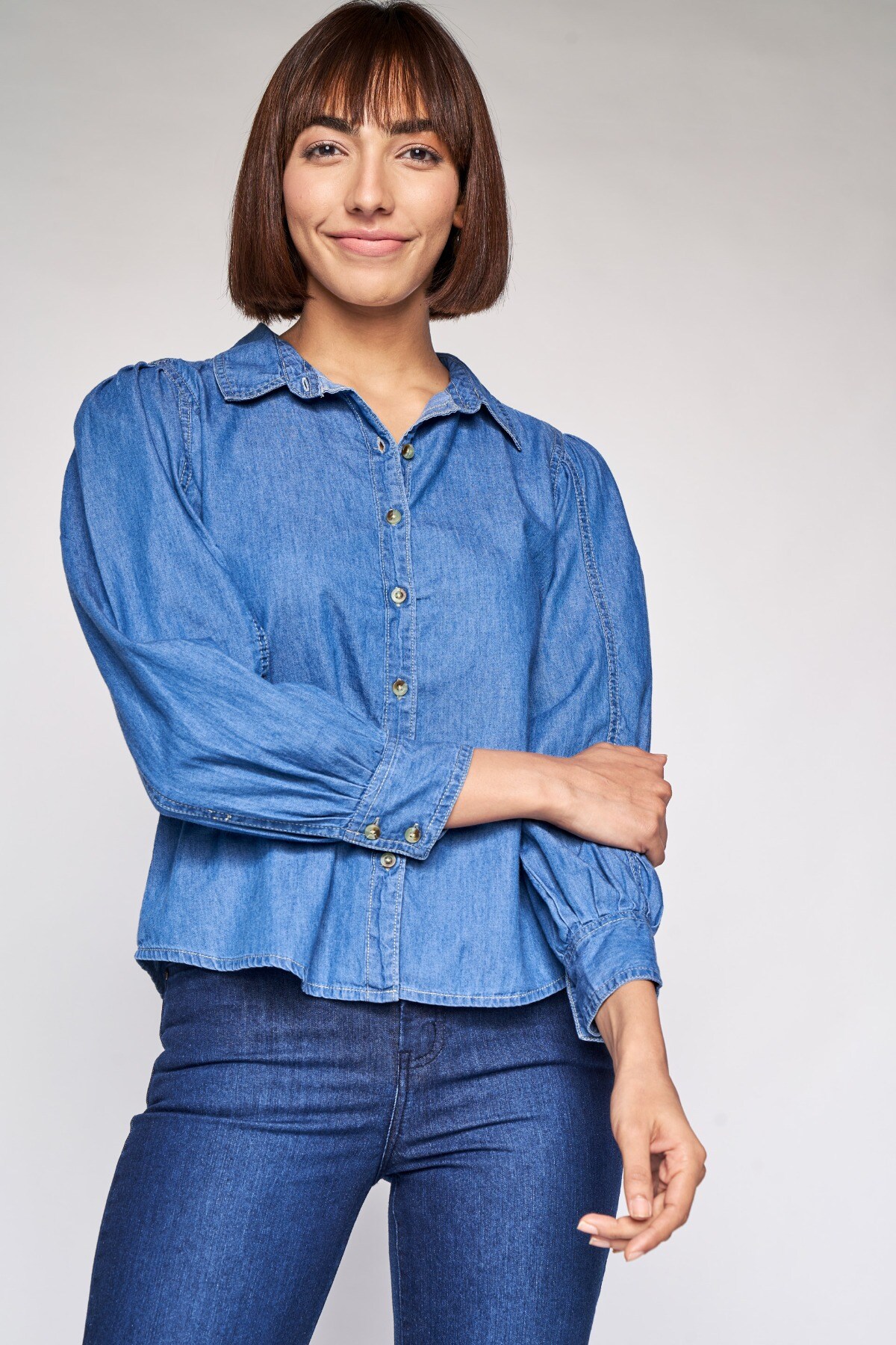 2 - Medium Blue Self Design Shirt Style Top, image 2