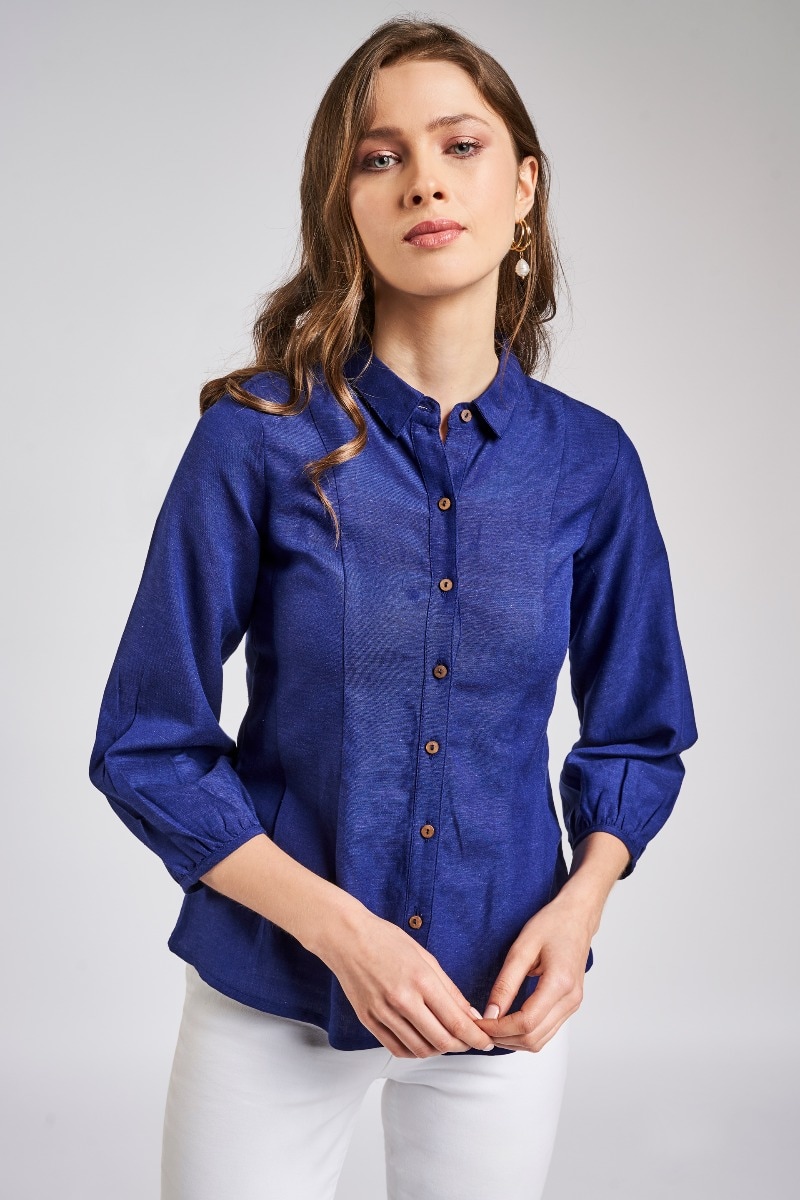 1 - Indigo Blue Shirt Style Cuff Top, image 1