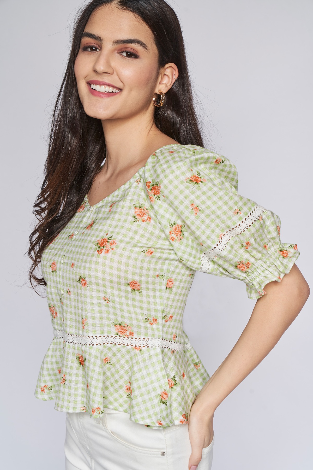 1 - Sage Green Checks Peplum Top, image 1