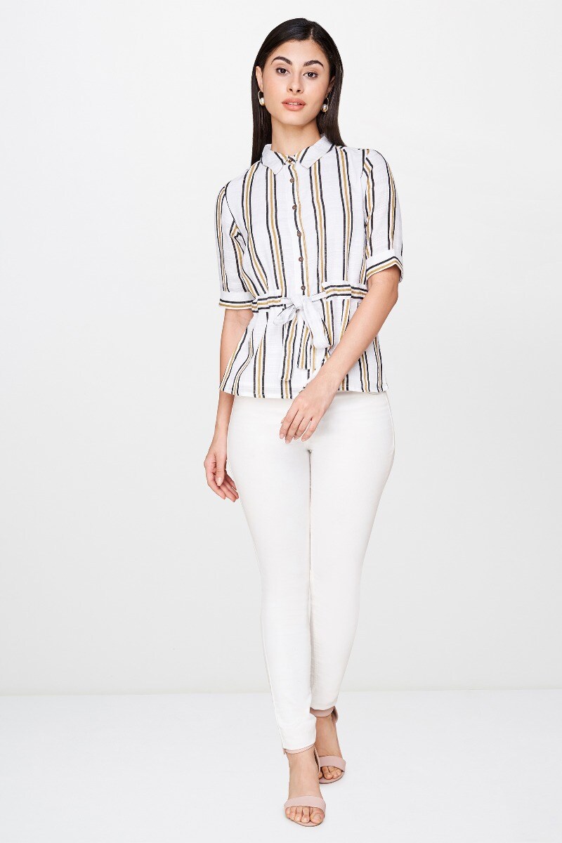 4 - Black - White Stripes Tie-Ups Shirt Style Cuff Top, image 4