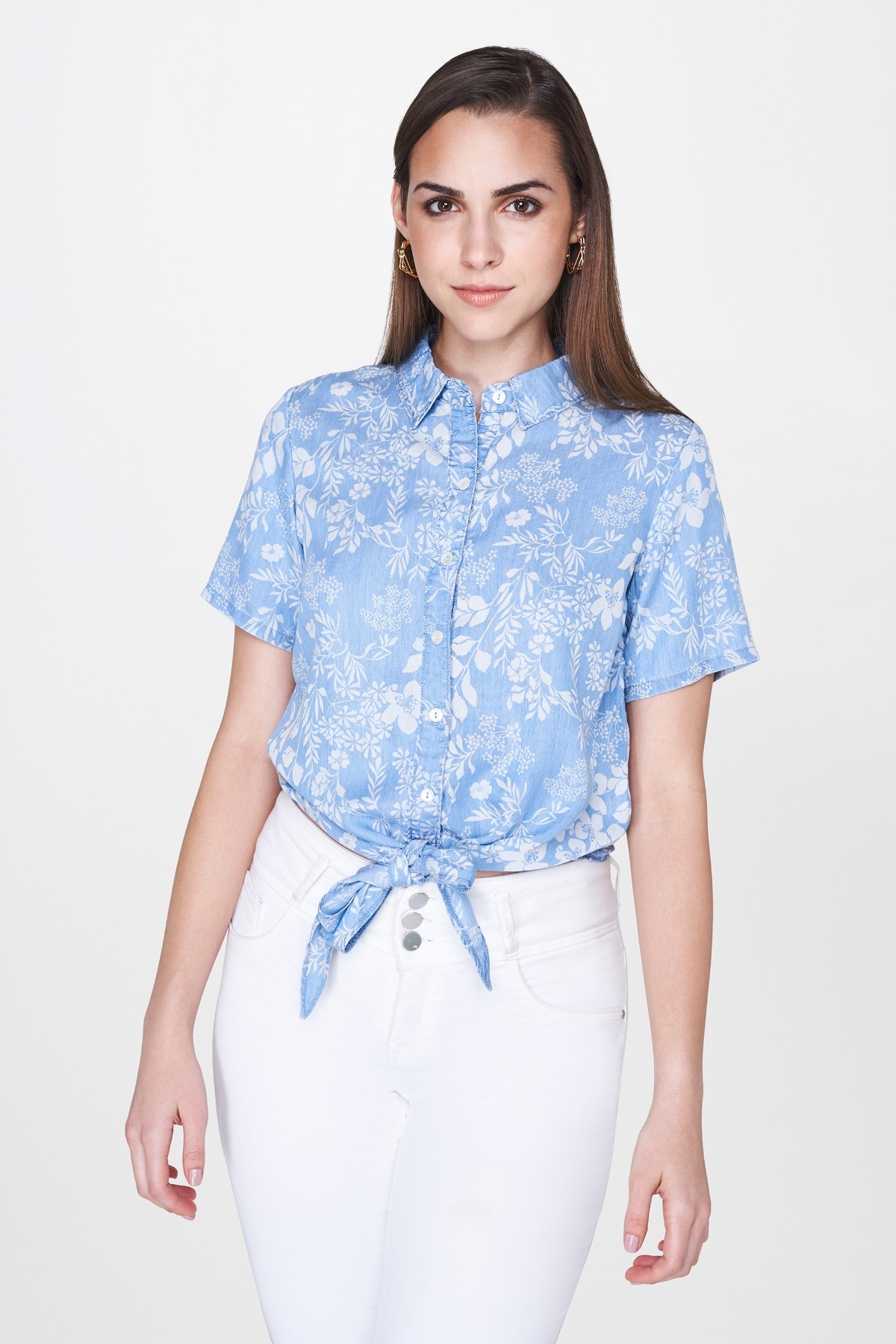 1 - Light Blue Floral Tie-Ups Shirt Style Crop Top, image 1