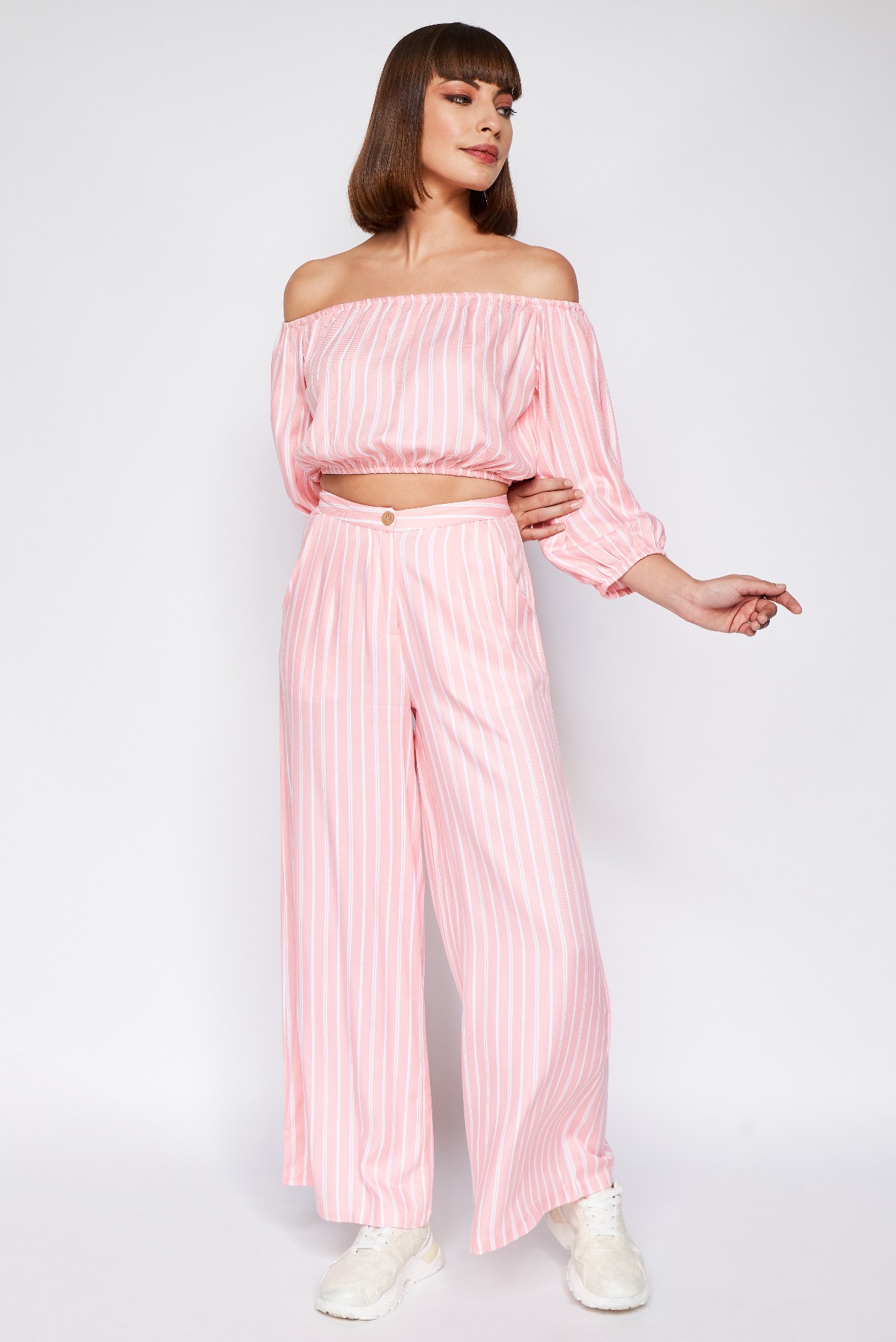 Light Pink Stripes Cropped Set, Light Pink, image 1